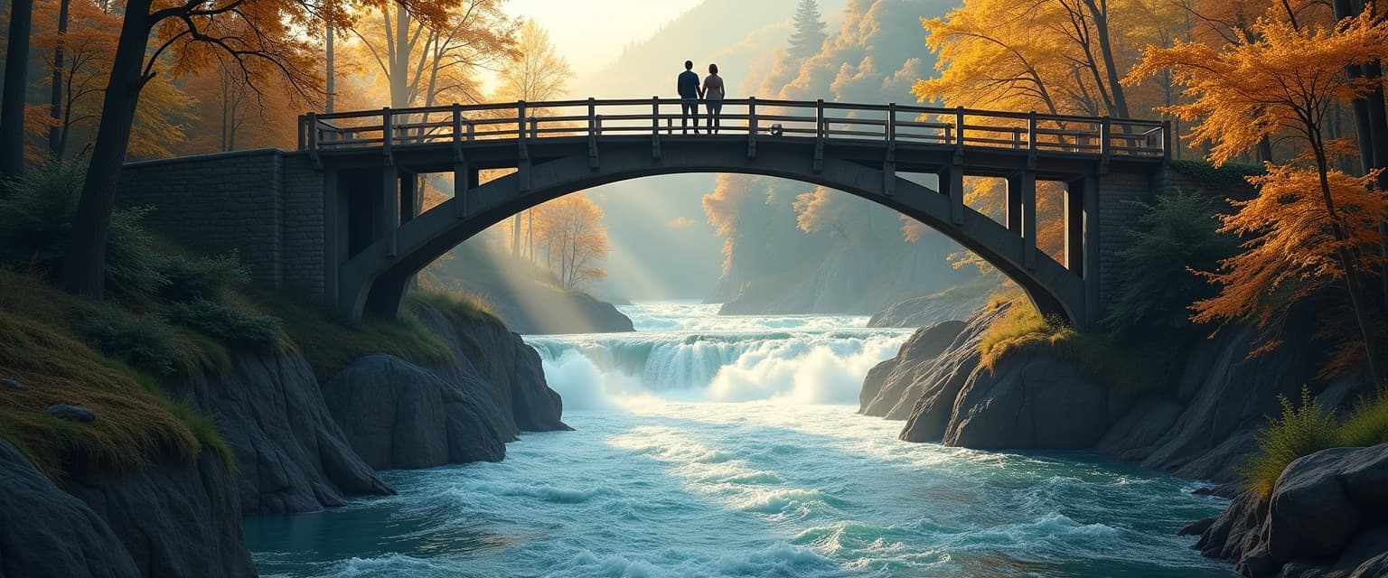 View from a lower position, looking up, showing a side of wooden bridge that above a raging river. On the rim of bridge, lone silhouettes of a couple standing side by side on the bridge, looking down