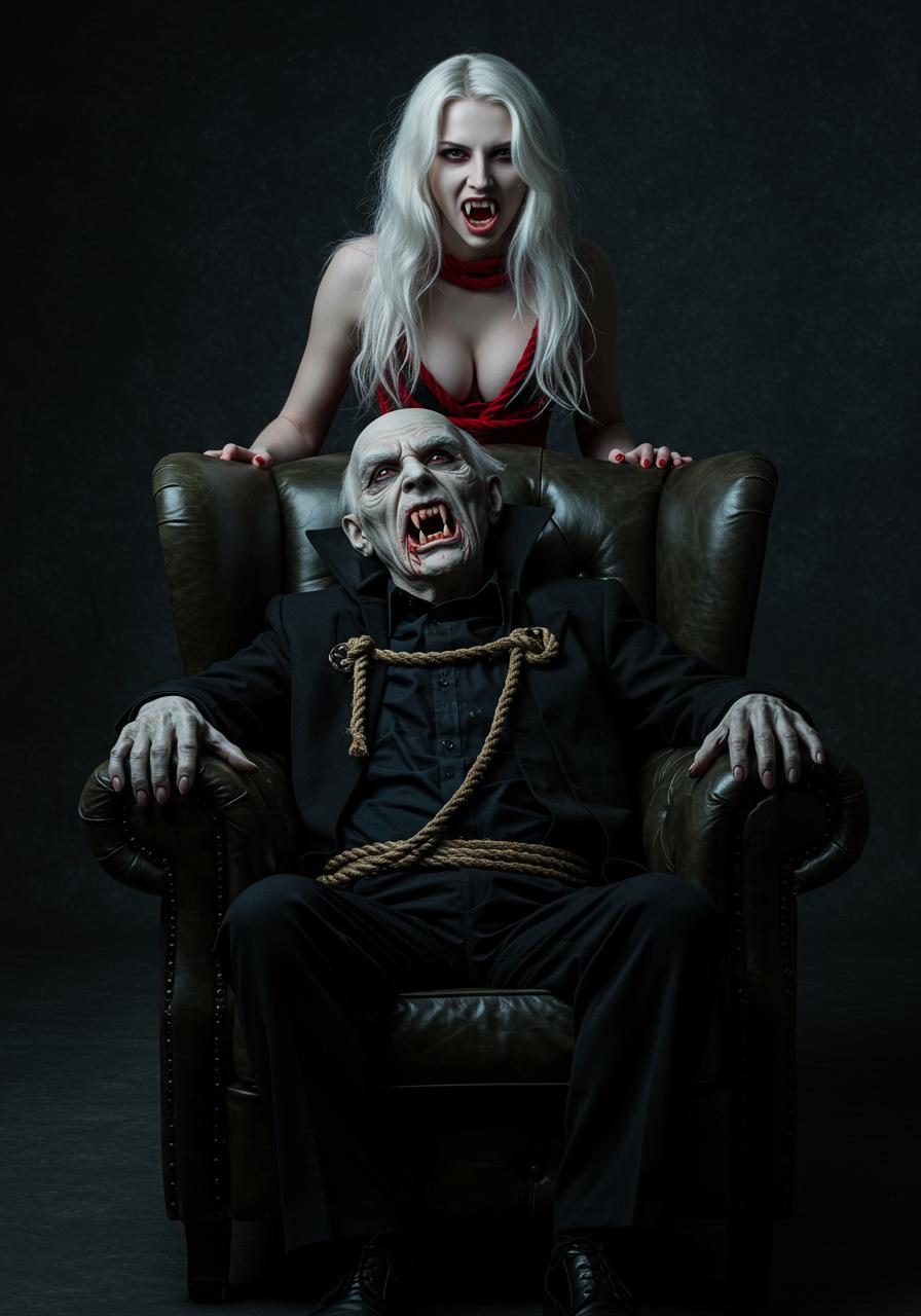 cinematic dark photography, very old vampire sit in old leather armchair, grey old face, huge bloody vampire fang teeth, historic dark black rope, bony hands on armchair. Behind the sitting old vampire stand a beautiful young female vampire, pale skin, long white blond hair, red rope, open cleavage, the female vampire shows vampire fang teeth as well. dark scene, very low light 