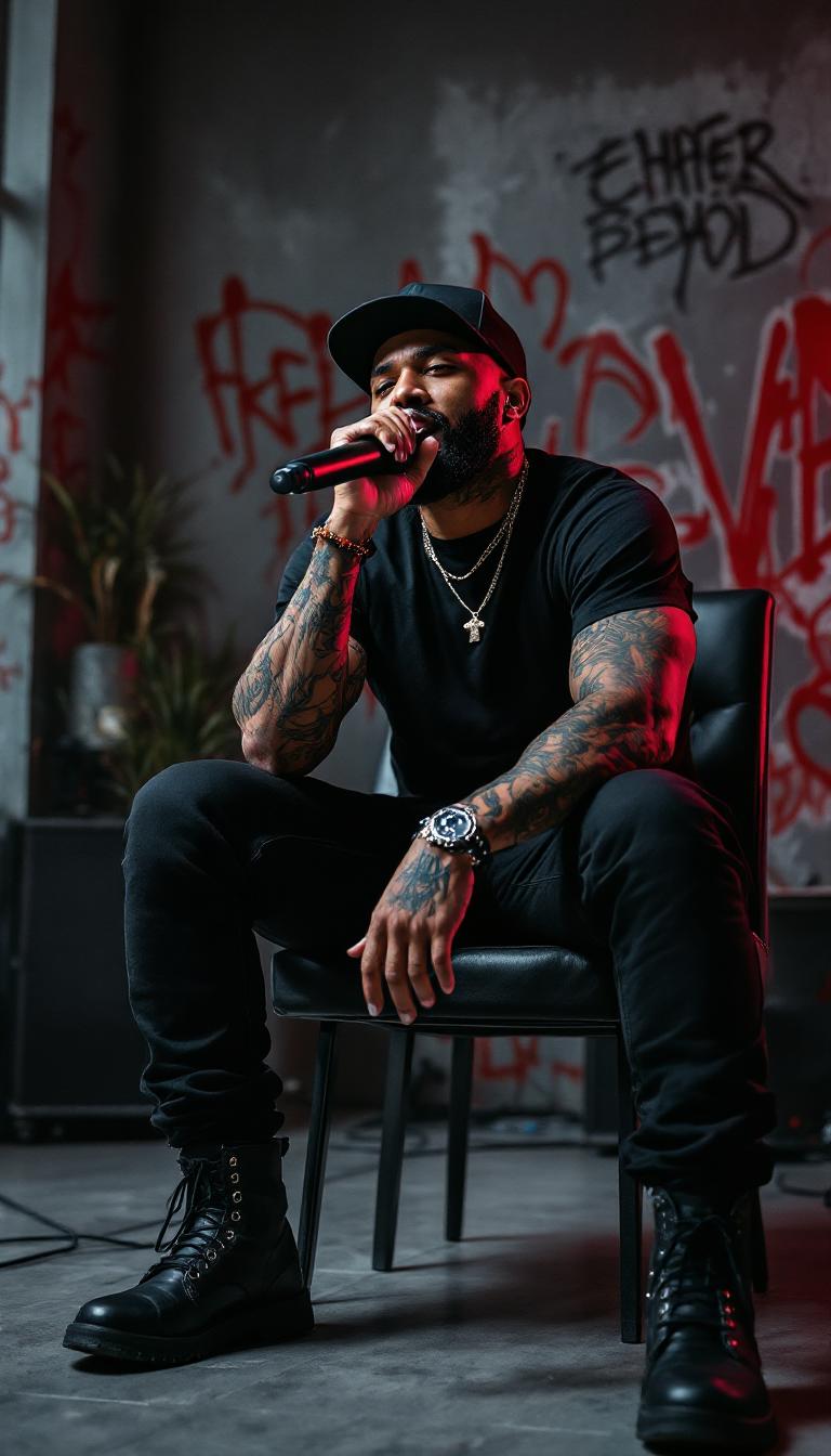 Create an image of an African-American rapper, black pants, black boots, black cap, tattoos on arms, microphone in hand, sitting on chair, singing, wall painted with red graffiti, well detailed, LED lighting