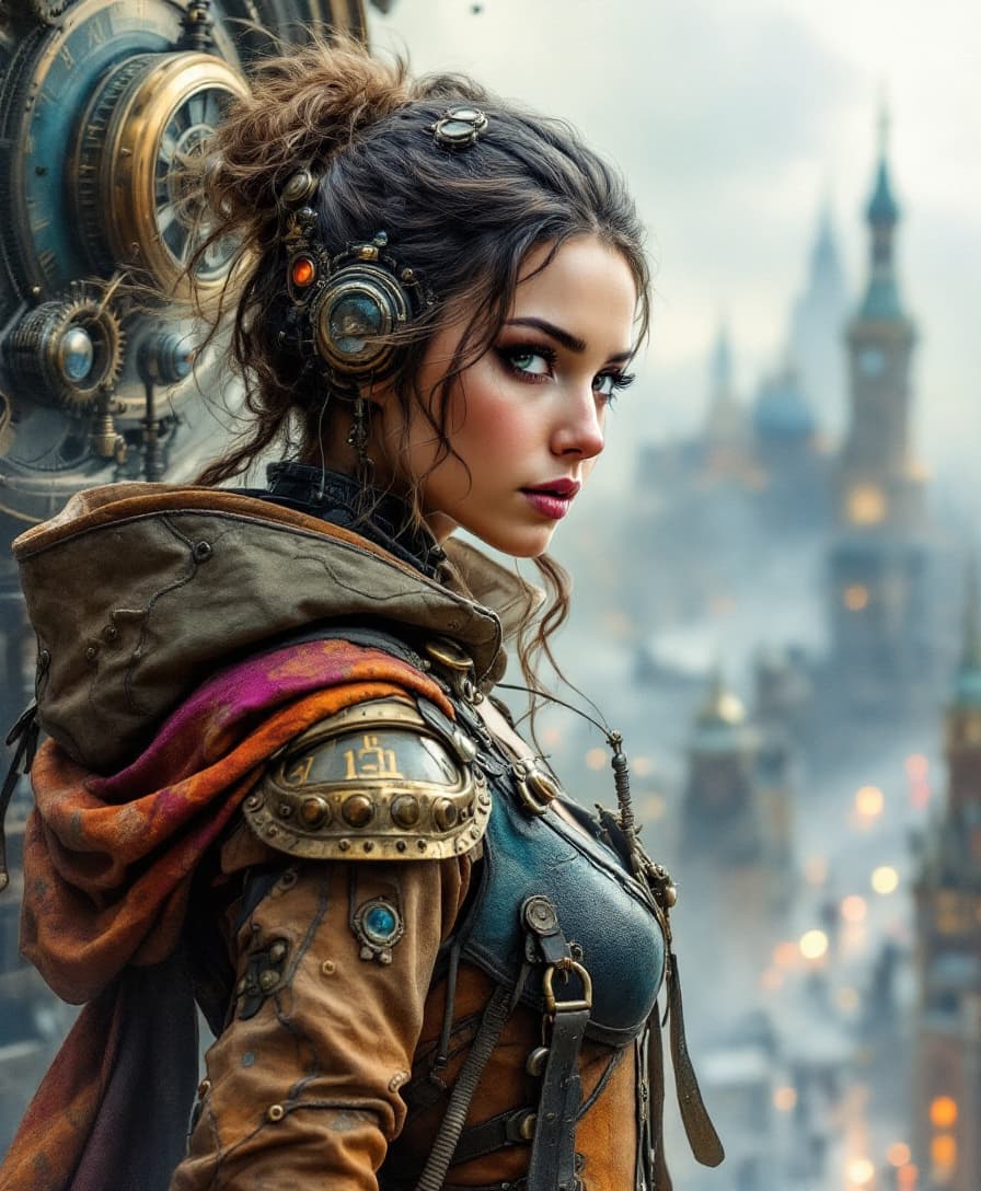 high quality, 8K Ultra HD, high detailed, Steampunk Time Voyager, Watercolor, wash technique, colorful, blurry, smudge outline, like a fairy tale, The protagonist, a courageous young beautiful woman adorned in a blend of vintage and futuristic attire, Embark on a thrilling journey through time in a steampunk-infused world, where past and future intertwine in perfect unison, This intricate digital art piece captures the essence of a daring time voyager exploring a Victorian-era metropolis with a steampunk twist, stands atop a colossal clock tower adorned with ornate cogs and gears, propelled by precise mechanical propellers, The city's architecture harmoniously blends classic Victorian elegance with intricate steampunk machinery, resulting in a visually captivating juxtaposition, by yukisakura, awesome full color,  