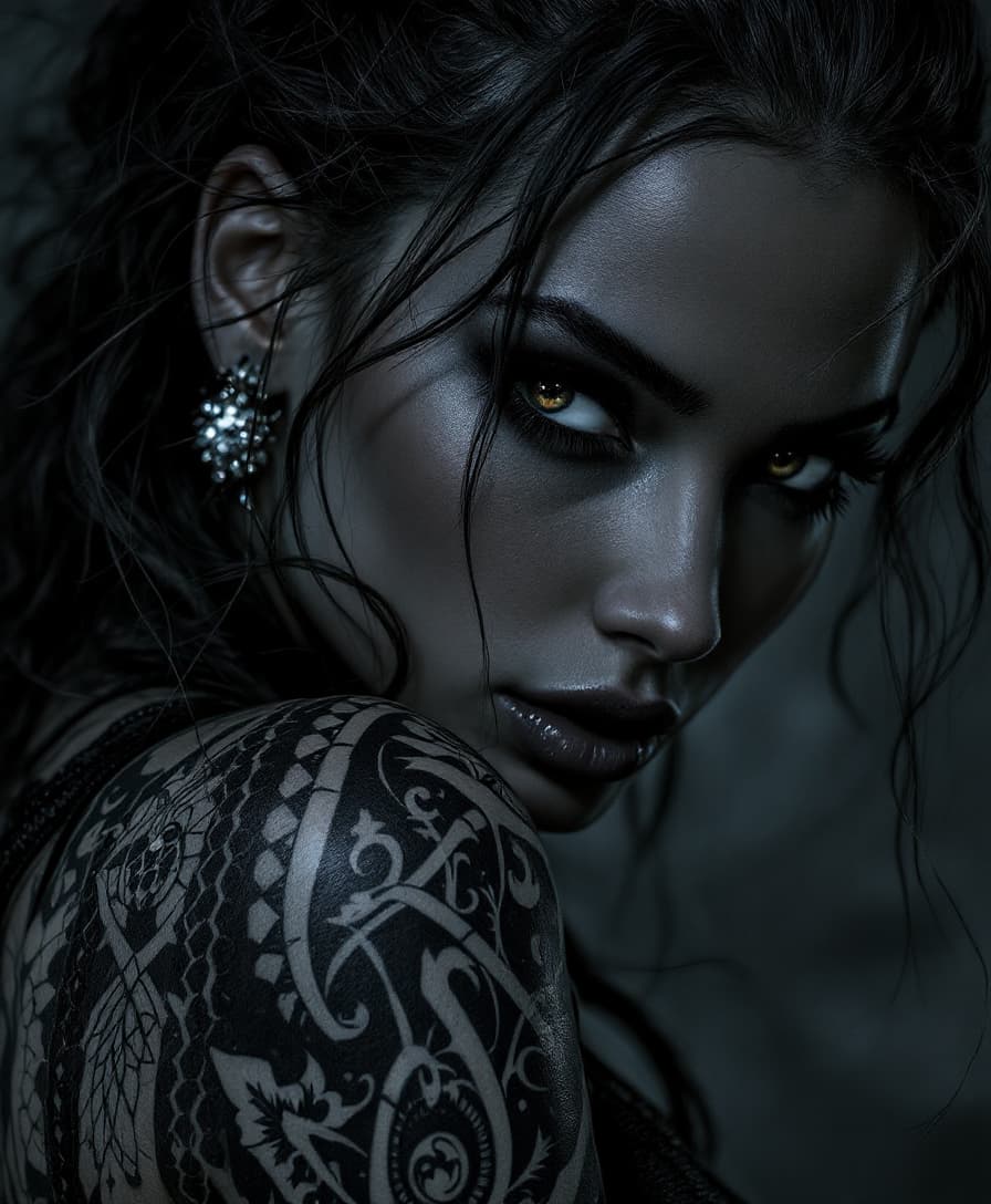 (((close-up shot))), (((nighttime))), (((dark tones))), (((black filter))), (dark outside), Luis Royo-style illustration of a beautiful striking figure, (((slim frame that exudes confidence and resilience))), intricate full sleeve tattoo, (tetradic color combination), 32k resolution, best quality, gaze into the camera, white light. by Lekrot. (((fully clothed)))