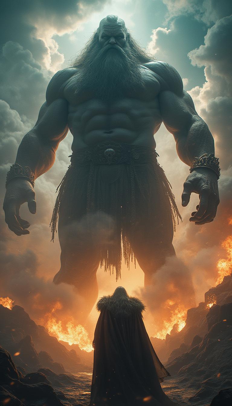 Ymir's Ominous Presence: Depict Ymir, the giant leader, as a colossal and imposing figure. Use imagery to convey the threat he posed to Asgard, prompting the gods to take drastic measures. 8k, hyperrealistic, cinematic