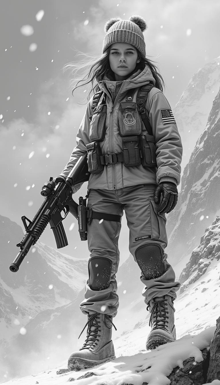 Step into the future with this incredible image of a young girl, only seventeen years old, in a mountain snow,but already a force to be reckoned with. Dynamic pose .Belt whit two guns.  She stands tall and proud. The level of detail in this black and white drawing is astounding, with every aspect of the girl and her surroundings expertly rendered. This dynamic, full body illustration is sure to leave a lasting impressive . Complete body. Dramatic.