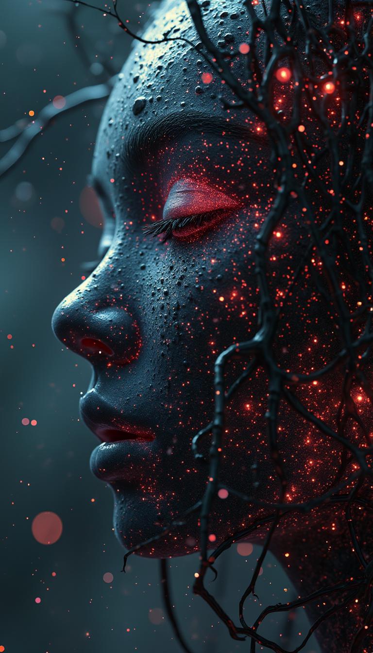 closeup,,(((naturally interacting with the environment:1.5))),(((seamless:1.5))),((strong environmental light)),((hard shadows)),(((soft dark black color palette:3))),(merge realms of the (toxic punk:1.5) and the (dark horror:2) in a tapestry of dualities),enigmatic beings with ethereal silhouettes,(digital dreamscape:1.5).(Illuminate:1.5) the scene with the pulse of a celestial bloom,(casting hues that bridge both cosmic and (cybernetic realms:2)).(Blend brushstrokes harmoniously),fusing elements of traditional artistry with (glitched fragments:1.5) of a pixelated mosaic.Embrace asymmetry,where the (organic:1.5) and the synthetic collide in a dynamic composition.(Infuse a shifting timeless vibrant palette).(((Integrate augmented reality surprises))).by Lekrot.fusion of art styles,(transcend boundaries:2) and conjure a visual symphony that harmonizes the present elements.(((stylized:3))),(((highest resolution:3))),