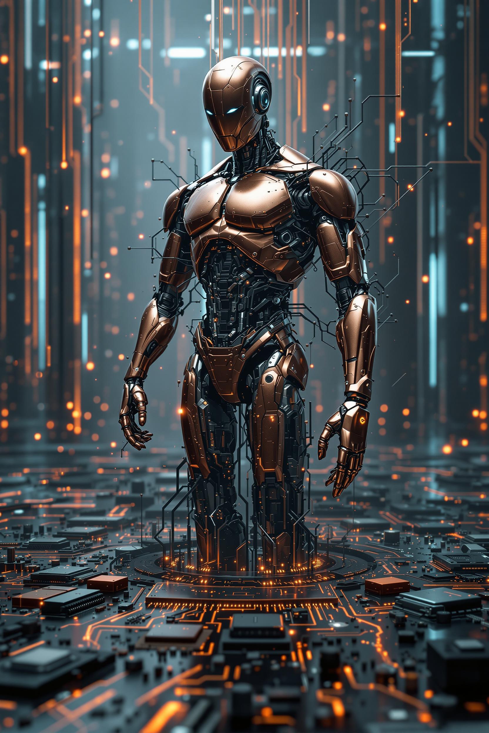 a humanoid copper robot with a matte color - slowly emerges from the electronic connections surrounding it. Its body slowly takes shape. Muscular figure, detailed details give it a futuristic look, slightly mysterious. In the background and on the floor there is a digital landscape full of integrated circuits and processors - emphasizing the process of creating the robot. Dystopian image, sci-fi hd ultra-detailed. 8k surrealism