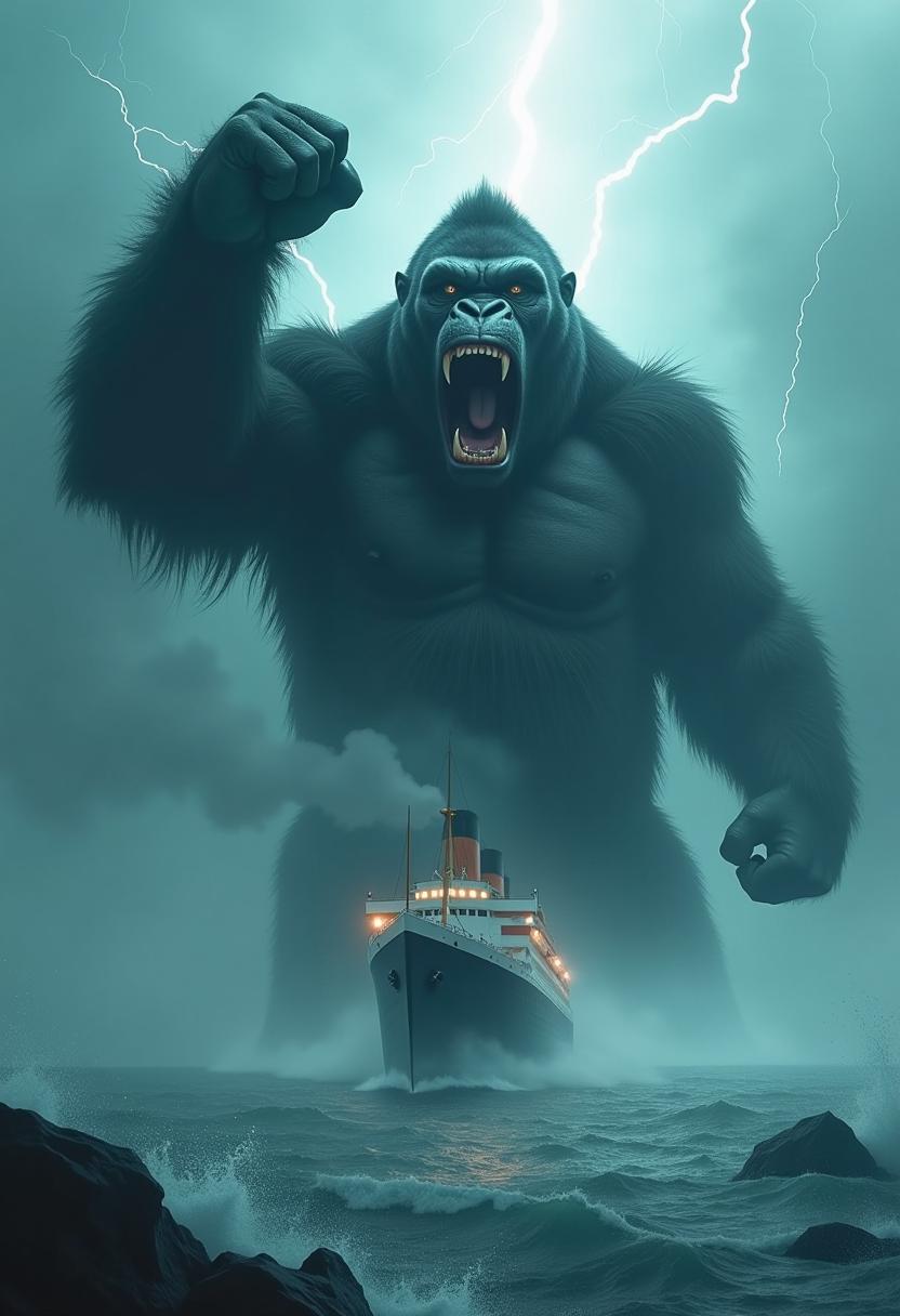 kingkong is coming from behind with his right fist raised high through the fog, his huge mouth wide open with gleaming sharp teeth visible. The storm is raging like a raging sea, and the RMS Titanic is coming towards him in the thick fog. kingkong s eyes are bright, and a huge figure is looming in the flash of lightning, and a sense of oppression covers the whole scene.