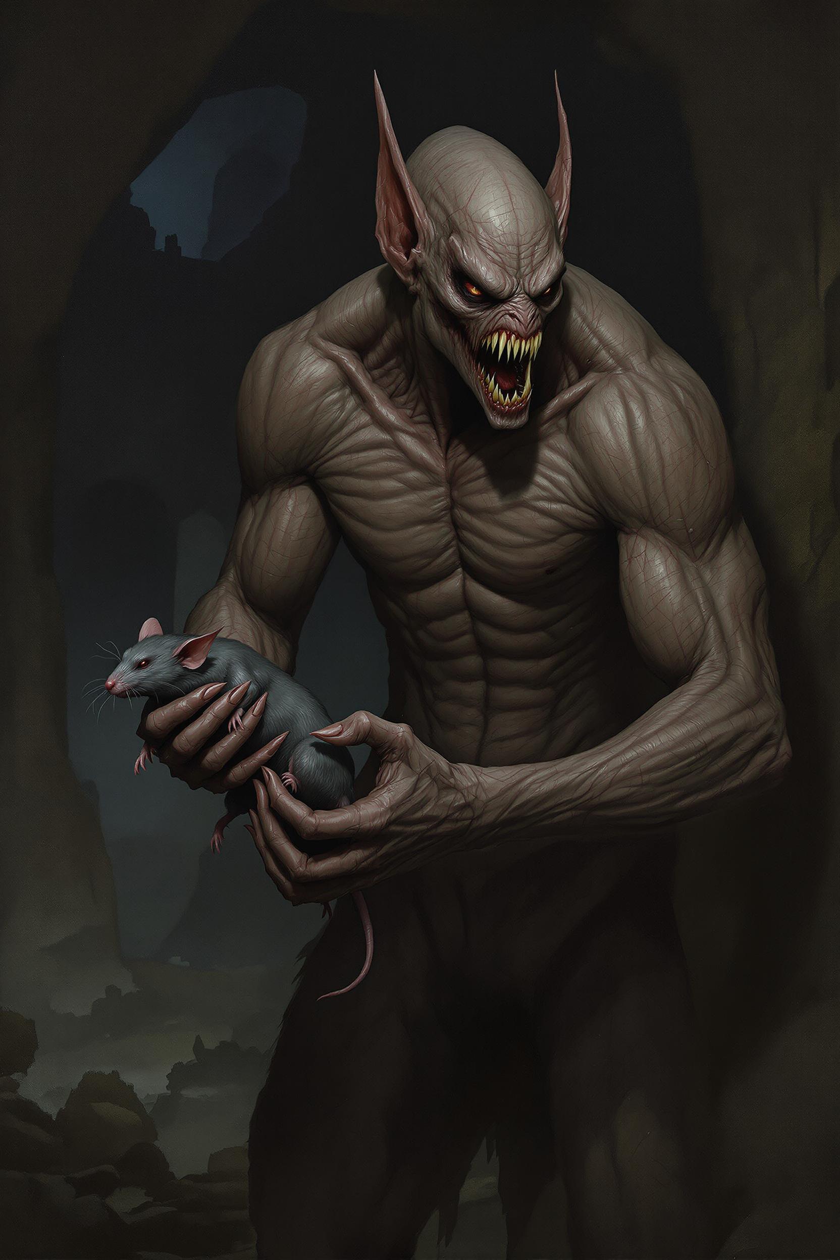 A lean, bat-like, humanoid vampiric creature with thick skin and sharp fangs, holding a rat, menacing demeanor. Oil painting, hyperrealistic. Style of Greg Rutkowski. Dark lighting, deep shadows emphasizing musculature and texture. Desaturated color palette dominated by dark grays and browns. Rough skin texture. Dark cave and ruins background.