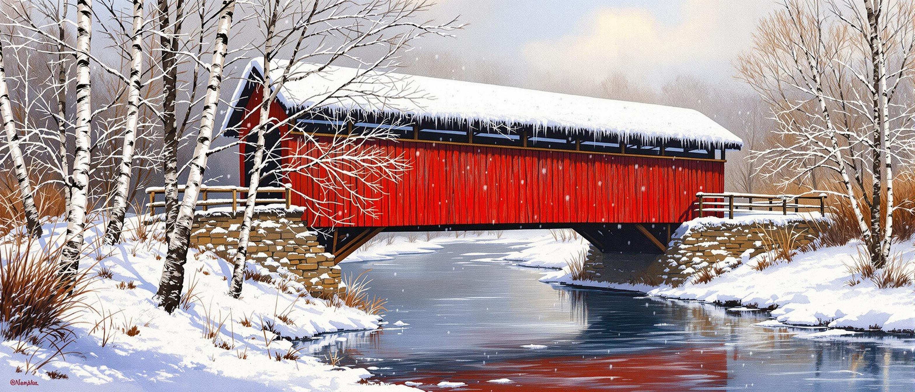  highley detailed air brush oil painting beautiful red covered bridge with snow. running water half frozen running under it wintery white birch trees very wintery sky and it’s snowing heavily