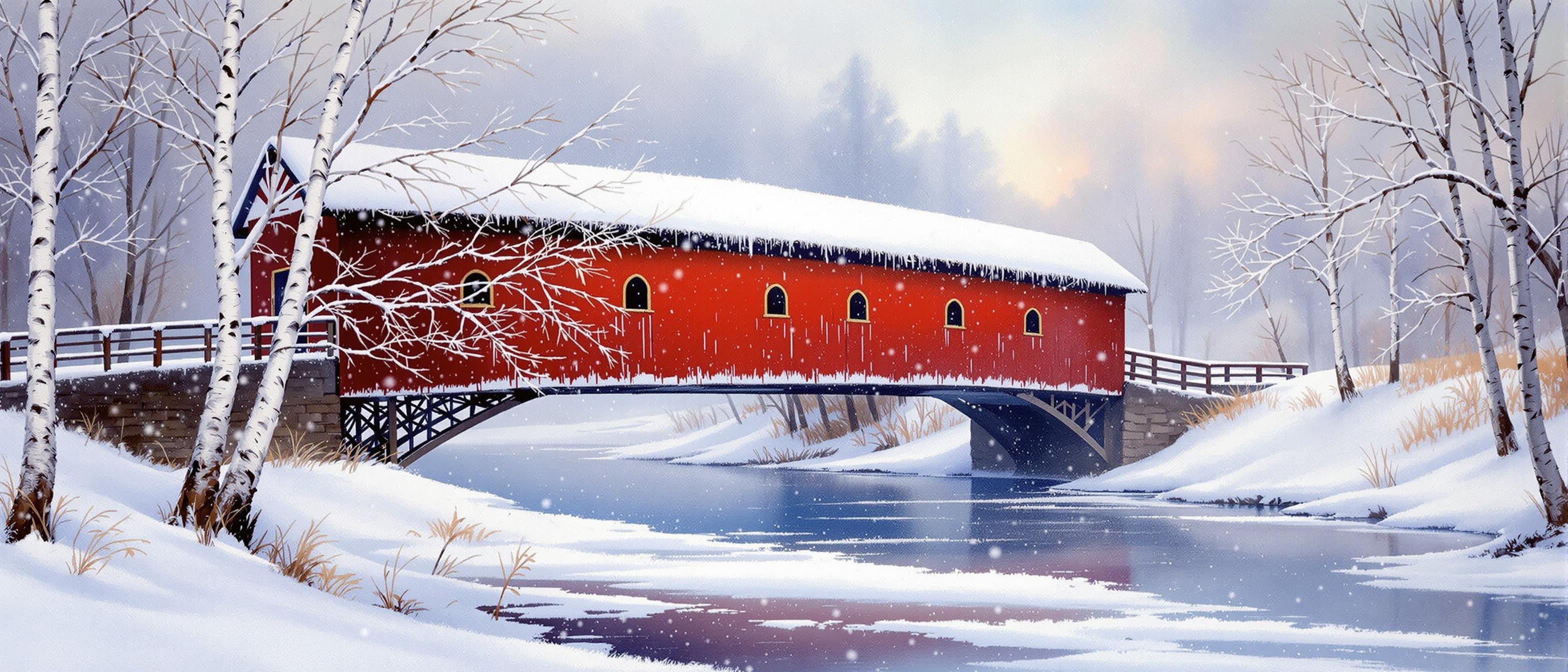 highley detailed air brush oil painting beautiful red covered bridge with snow. running water half frozen running under it wintery white birch trees very wintery sky and it’s snowing heavily