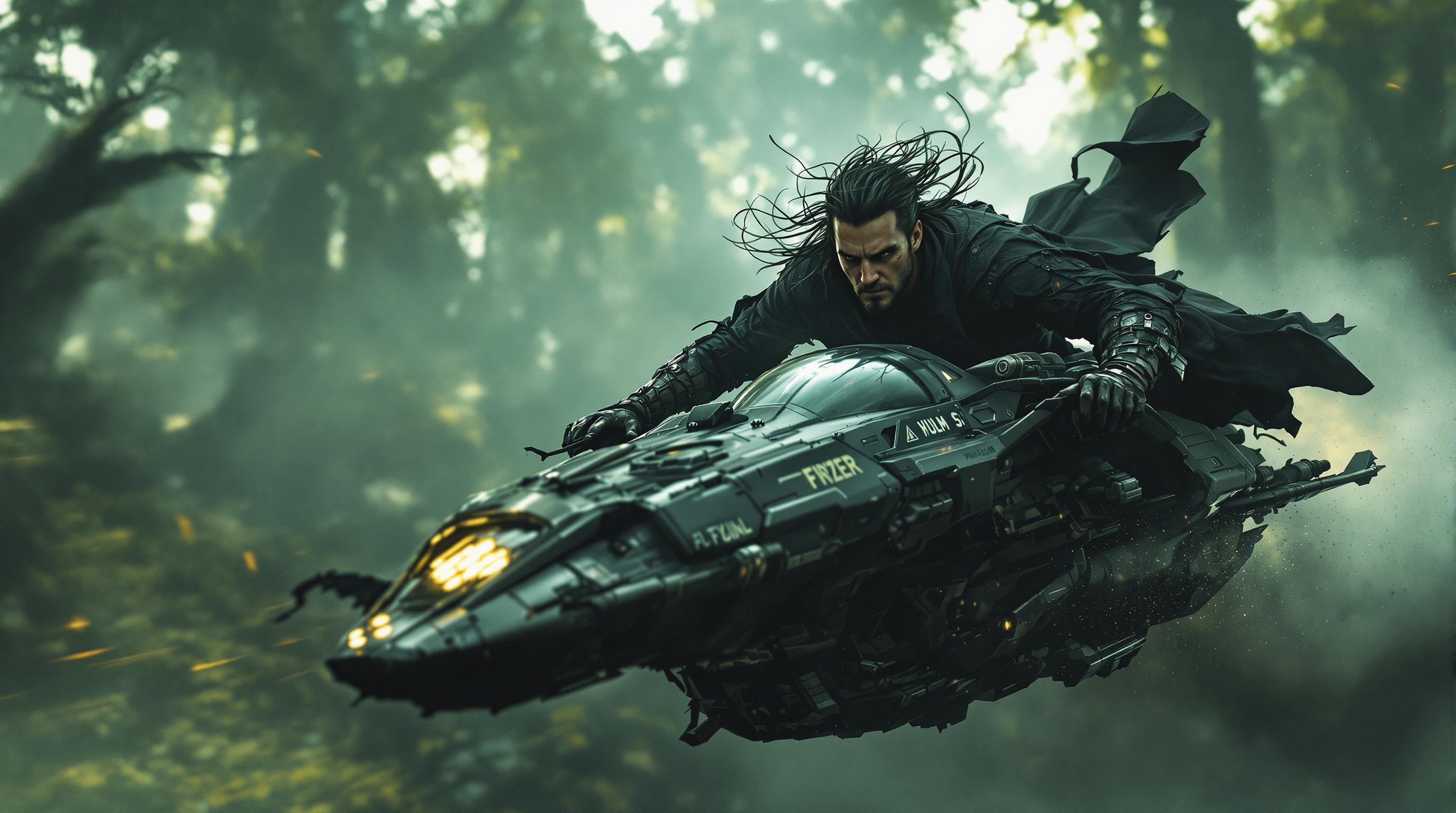 A post-apocalyptic warrior in the foreground - falling, leaning over his hovering racer, changes direction abruptly in a turn - leaning. His black, tattered robes are blowing in the wind, and his face, full of tension and emotion, shows determination. Close view, emphasizing the details of the vehicle and the warrior. Ultra-detailed, mystical jungle in the background, full of fog and light. Ultra-detailed ultraphotographic ultradynamic.hd 8k. dystopia. humidity. light sun