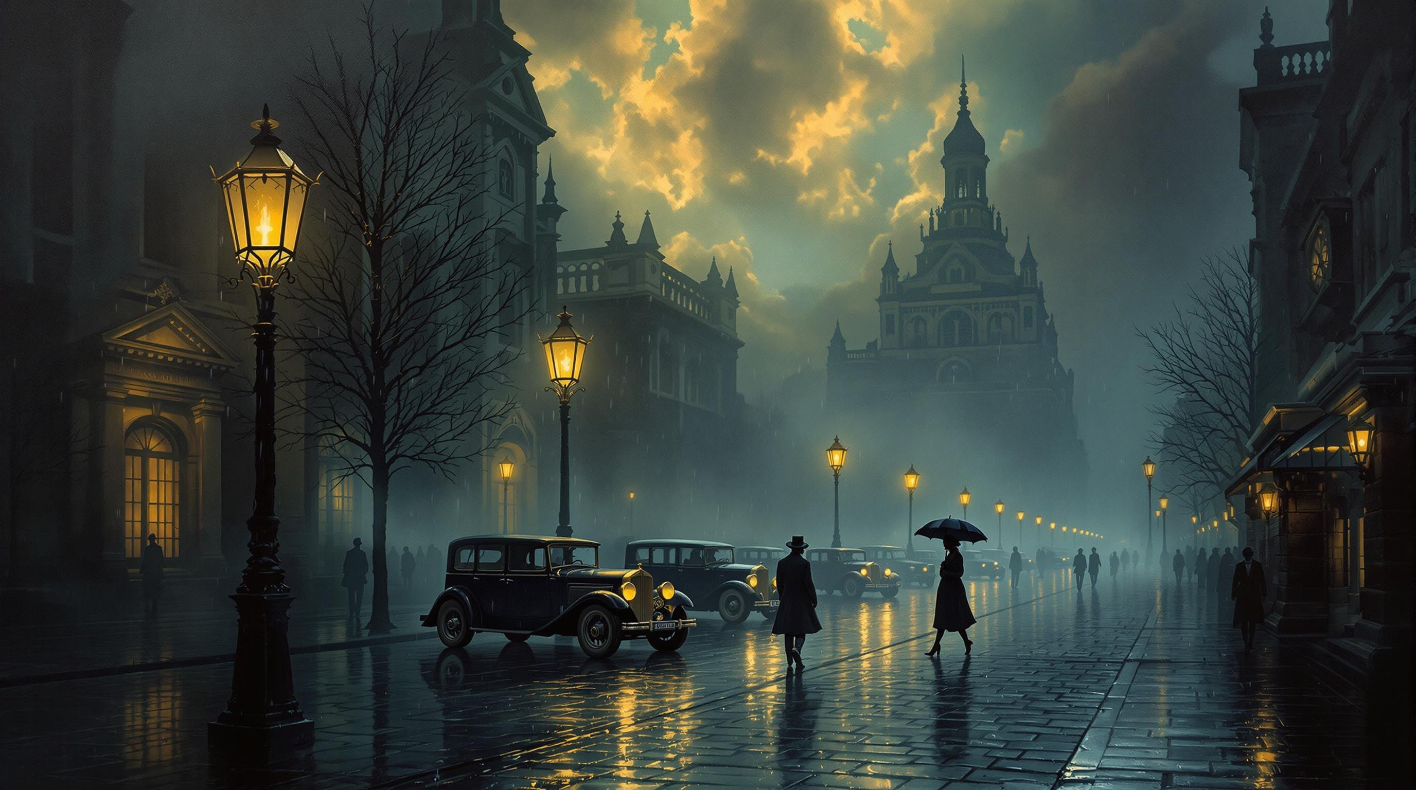 The oil painting depicts a mysterious, rainy street in the old town. The wet cobblestones reflect the lights of the lanterns, emphasizing the dark atmosphere. In the background, monumental buildings are lost in thick fog, and dramatic clouds are illuminated by golden light. Figures in coats and hats move between old cars, and a lone silhouette with an umbrella crosses the street, adding melancholy to the scene. Victorian style painting.8k ultra-detailed ultra-real rainy.