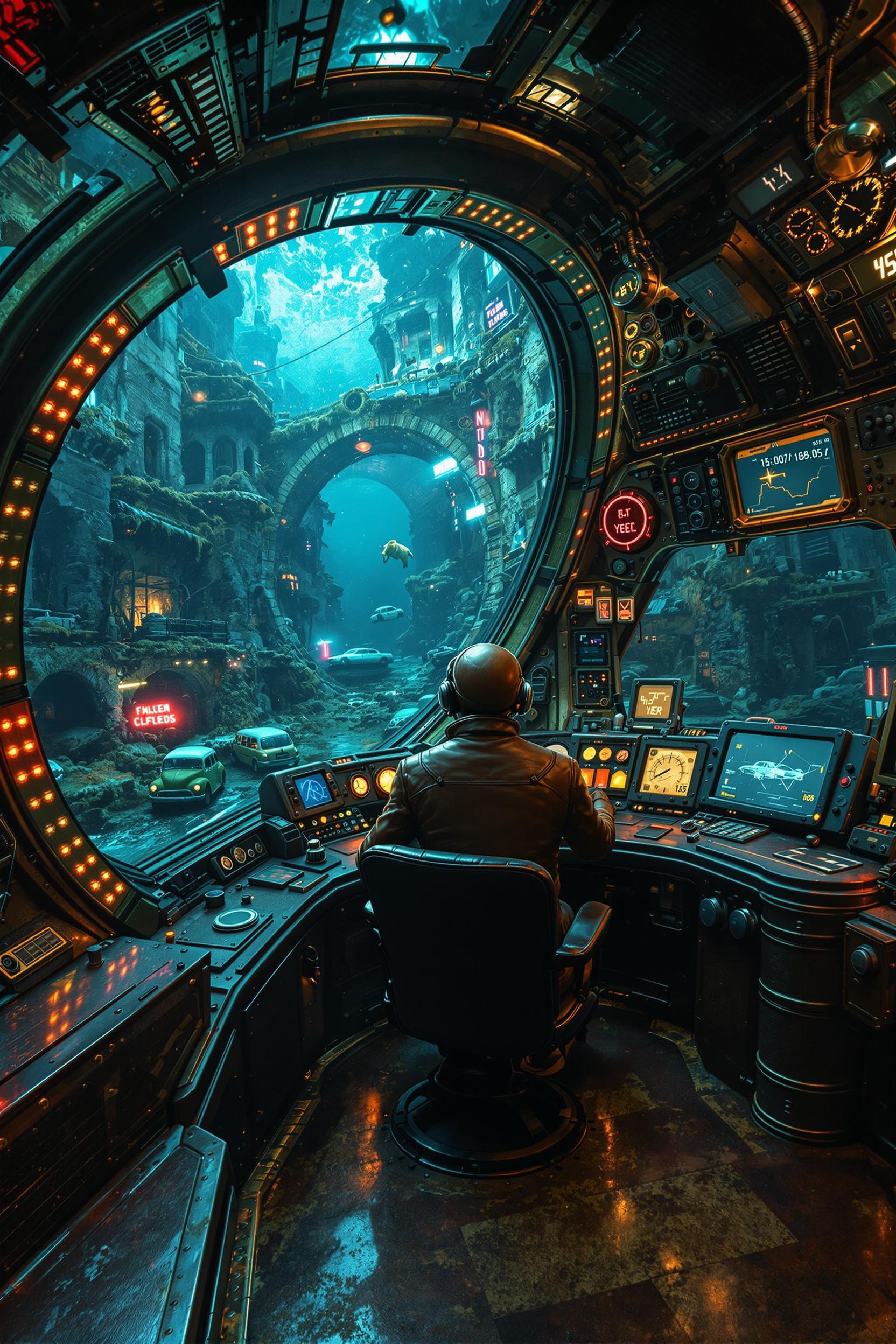 illuminated Interior of a post-apocalyptic steampunk bathyscaphe with large, semicircular windows with thick glass through which a sunken city can be seen - ultraphotographic. Ruins of buildings covered with algae, wrecks of cars and buses rest on the bottom. Neon signs flash faintly in the clear water. A pilot in a leather brown suit steers the ship, surrounded by a raw, industrial interior with analog screens and dark copper panels. ultra-detailed 8k full hd
