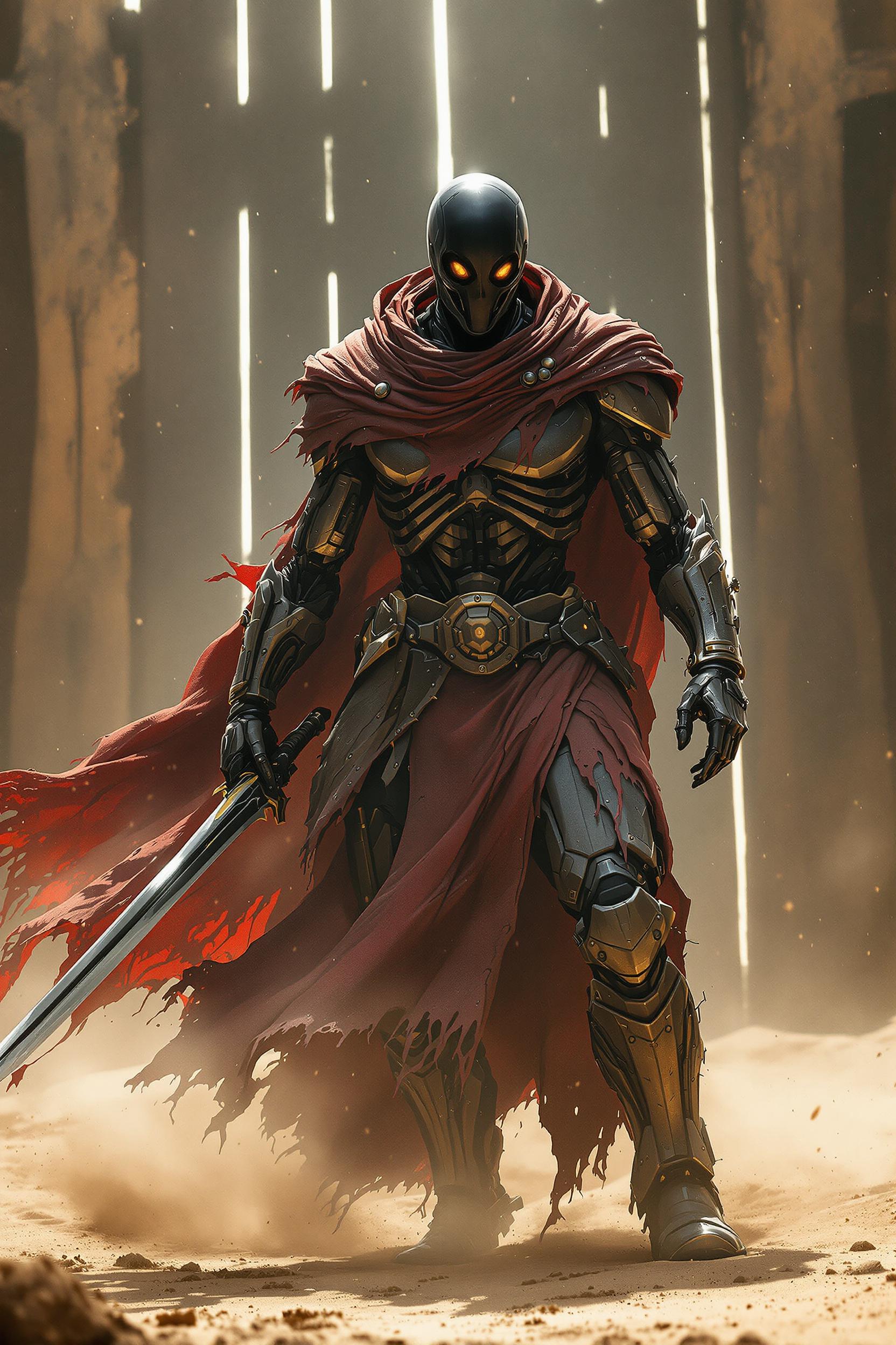 Post-apocalyptic cyber warrior in coliseum - humanoid silhouette, but with mechanical skeleton and glass, black skull - shimmering - dressed in a tattered, dark red cloak and partially in gladiator armor. Holds a short sword in a dynamic combat stance. In the background wooden gates of the arena, sand floats in the air, emphasizing movement and tension. Subtle lighting, sun rays fall through the cracks in the gates casting shadows - dust everywhere. Ultra-detailed hd utopia