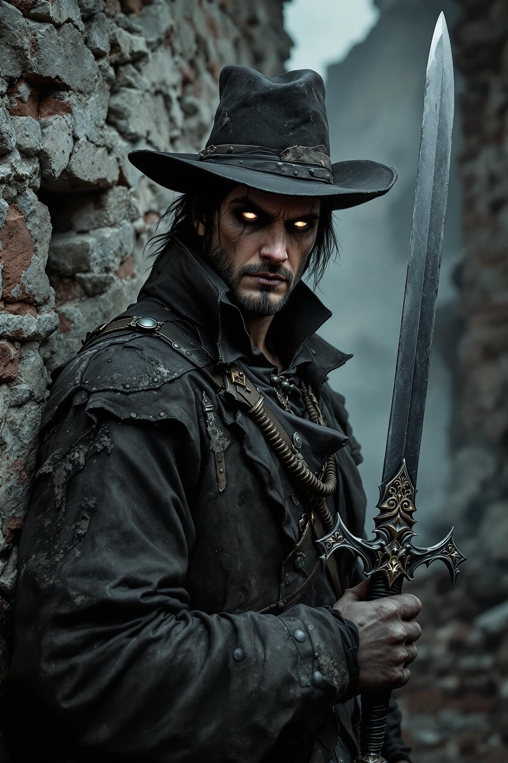 A dark,post-apocalyptic figure stands close to the frame against the background of a ruined medieval wall of a house. He wears a tattered coat with metal details and a worn hat with an unnaturally wide brim. His head is slightly tilted, pale eyes subtly glance into the frame. In his hand he holds a slim, black sword with intricate decorations.The whole thing is maintained in a dark, dystopian aesthetic.ultra-detailed oil paints dystopian full hd 8k ultra-photographic and dark image post-apocaliptic.