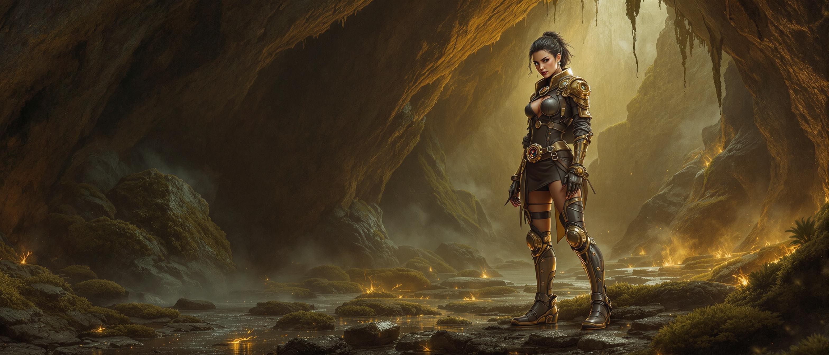 Ultra-realistic portrait of a mysterious adventurer in steampunk clothing, standing in a damp cave full of treasures. Her face, incredibly detailed, with realistic skin texture, expresses determination and readiness for danger. She stands on metal, cybernetic legs. Golden torchlight flickers on wet stones, around a lot of moss, and a mystical fog hangs in the air, creating a cinematic atmosphere of adventure and discovery. ultra-photographic oil painting hd