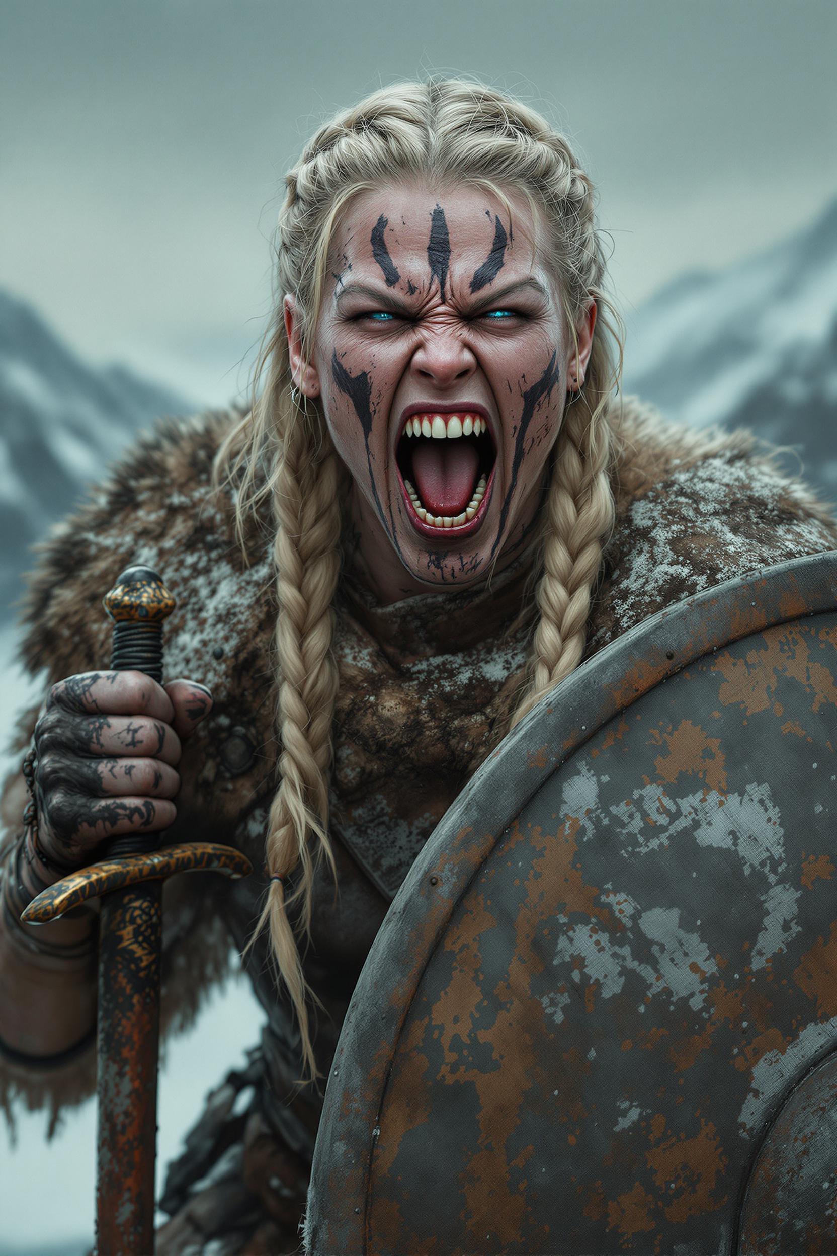 Ultra-realistic standing portrait of a Viking woman in battle frenzy. Face covered in mud and paint around icy blue eyes. Skin full of details: pores, wrinkles, light dirt and paint. Blonde hair in braids, stuck together. Screaming! showing clenched teeth. In her hands a dirty sword and a round, battered shield. In the background a snowstorm and mountains. oil painting. ultra-detailed ultra-photographic ultra-dynamic.hd 8k. dark.