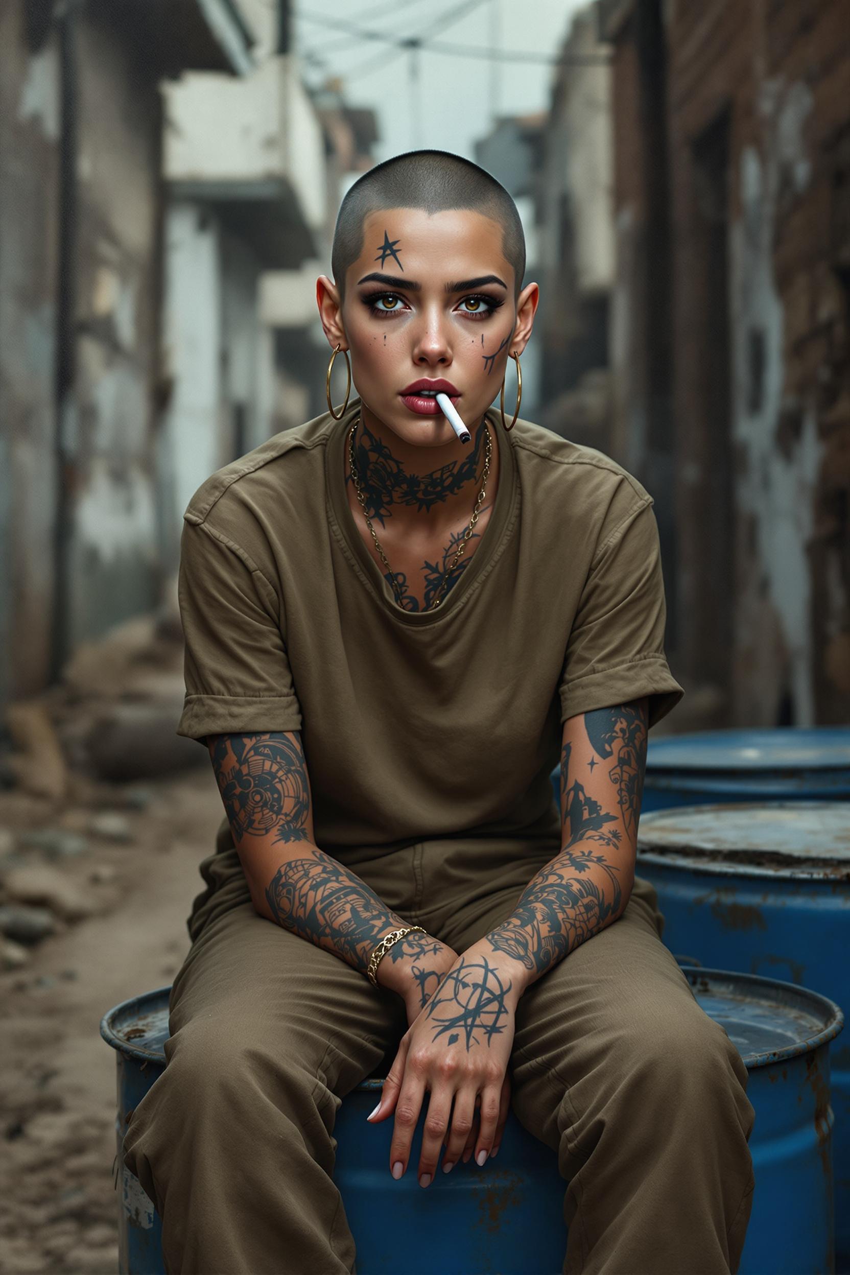 Ultra photorealistic dark and gloomy - portrait painting of a 25-year-old woman. Caucasian, sitting on a blue metal, battered barrel in a dusty favela. Her face, full of details, has visible pores, facial wrinkles and realistic play of light. Hair shaved on the head. girl all tattooed. Dressed in a military khaki t-shirt and pants below the knee. Cigarette in the mouth. ultraphotographic image ultra detailed oil paints 8k hd. dystopia and hopelessness. sadness.