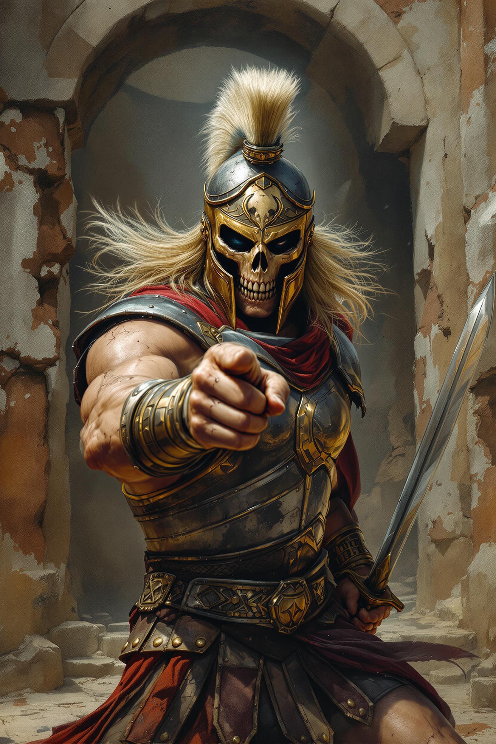 A gladiator-style warrior fighting against the backdrop of a ruined, decayed Roman and stone wall. His armor is heavy, metal and shows signs of battle, and he wears a golden helmet and a skull-shaped mask on his head. His muscular, scarred hands hold a sword pointed at the frame, and his flowing blond hair adds to his ferocity. The raw, brutal atmosphere of an ancient gladiator duel. ultra-photographic image ultra-detailed painted with oil paints. 8k full hd. dark