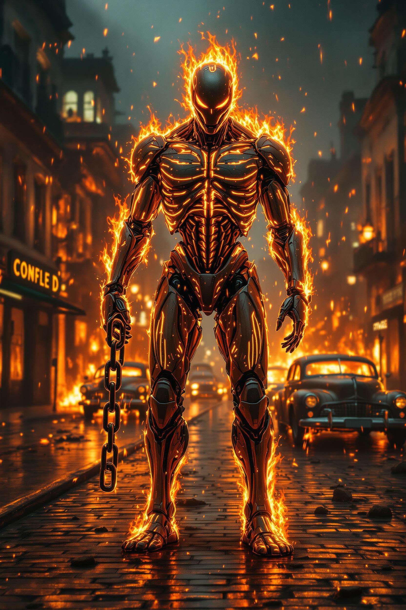 A futuristic molten metal humanoid stands in a burning city street at night, its body glowing with liquid fire veins. The biomechanical figure, resembling a skeletal warrior, grips a heavy chain in one hand. Flames and embers rain down as vintage cars burn in the background, casting an eerie golden glow on the wet cobblestone streets. The atmosphere is apocalyptic, chaotic, and intense. Ultra-detailed hd 8k.
