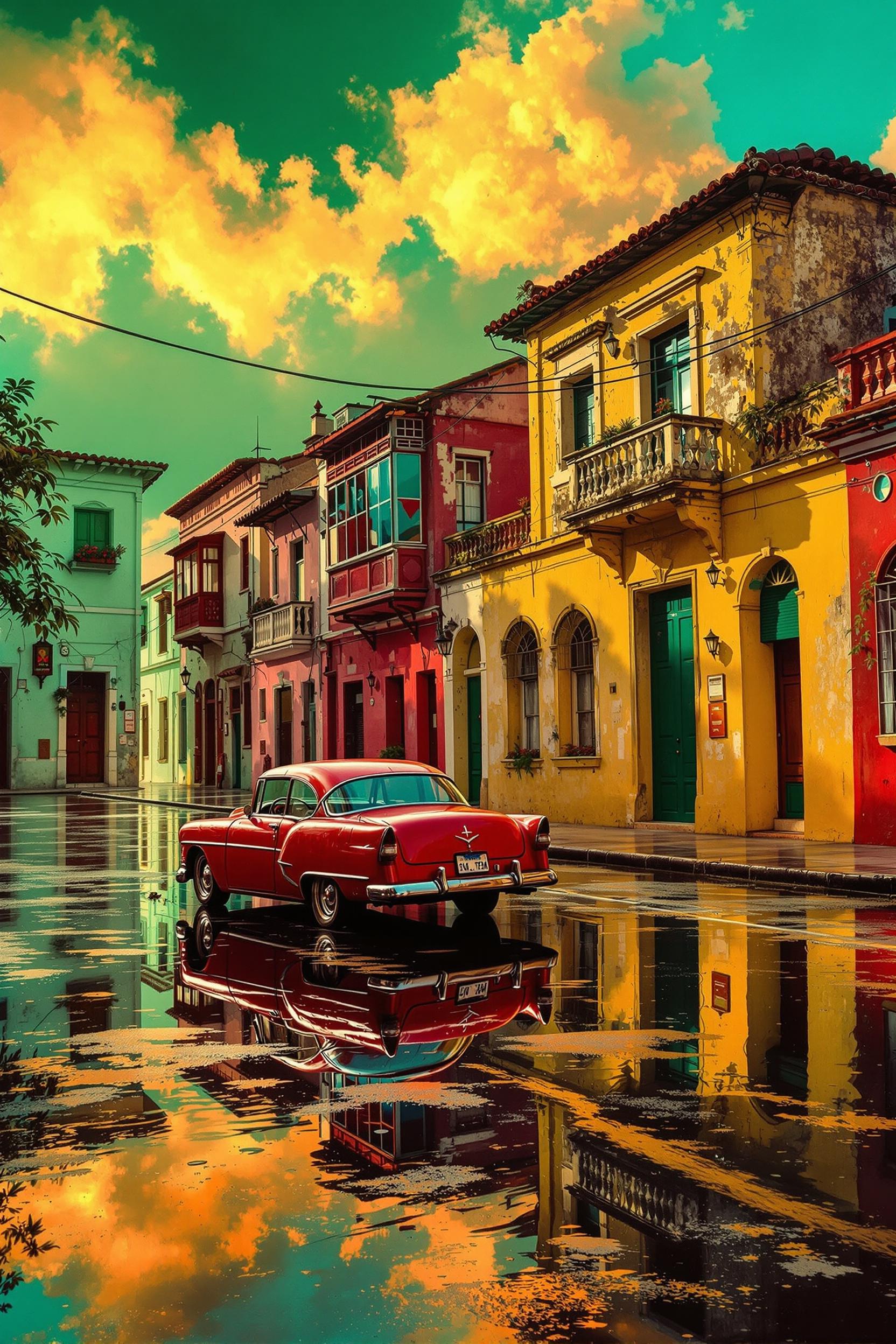 Colorful, colonial street after rain with reflections of buildings and sky in the water. Old, restored tenement houses in shades of green, red and yellow. Dramatic, orange-green clouds above the city. In the foreground, a classic red, scratched car from the 50s shining in puddles. Atmosphere of nostalgia and exoticism. surrealistic image ultraphotographic ultradetailed hd 8k subtle painted with oil paints.