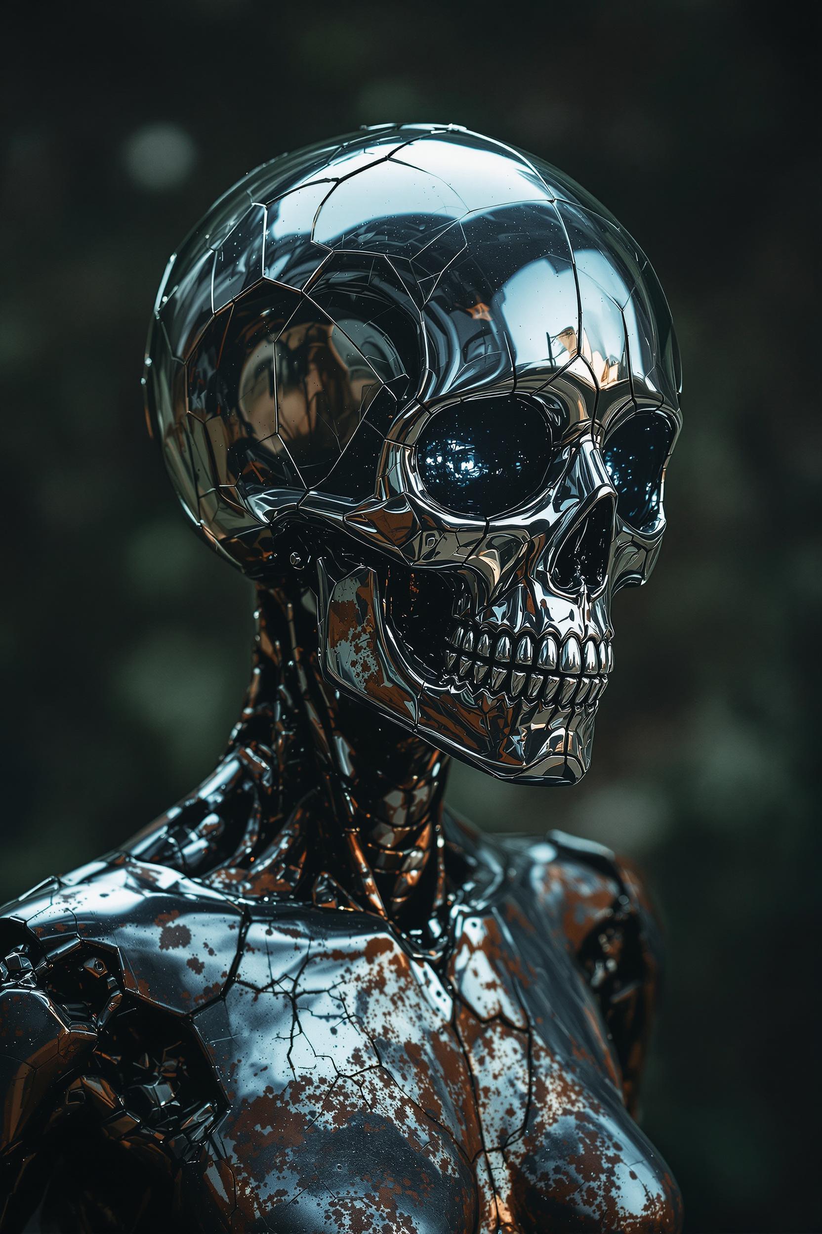 Humanoid figure - her Metallic, heavily corroded body full of scratches and cracks resembles rusty iron. Head covered with a perfectly matched, shiny glass structure - perfectly reflecting the shape of a shiny skull, which precisely surrounds the skull, emphasizing its shape and creating the effect of freezing in time. Mysterious and surreal atmosphere. Ultraphotographic hd 8k. Ultra-detailed image.