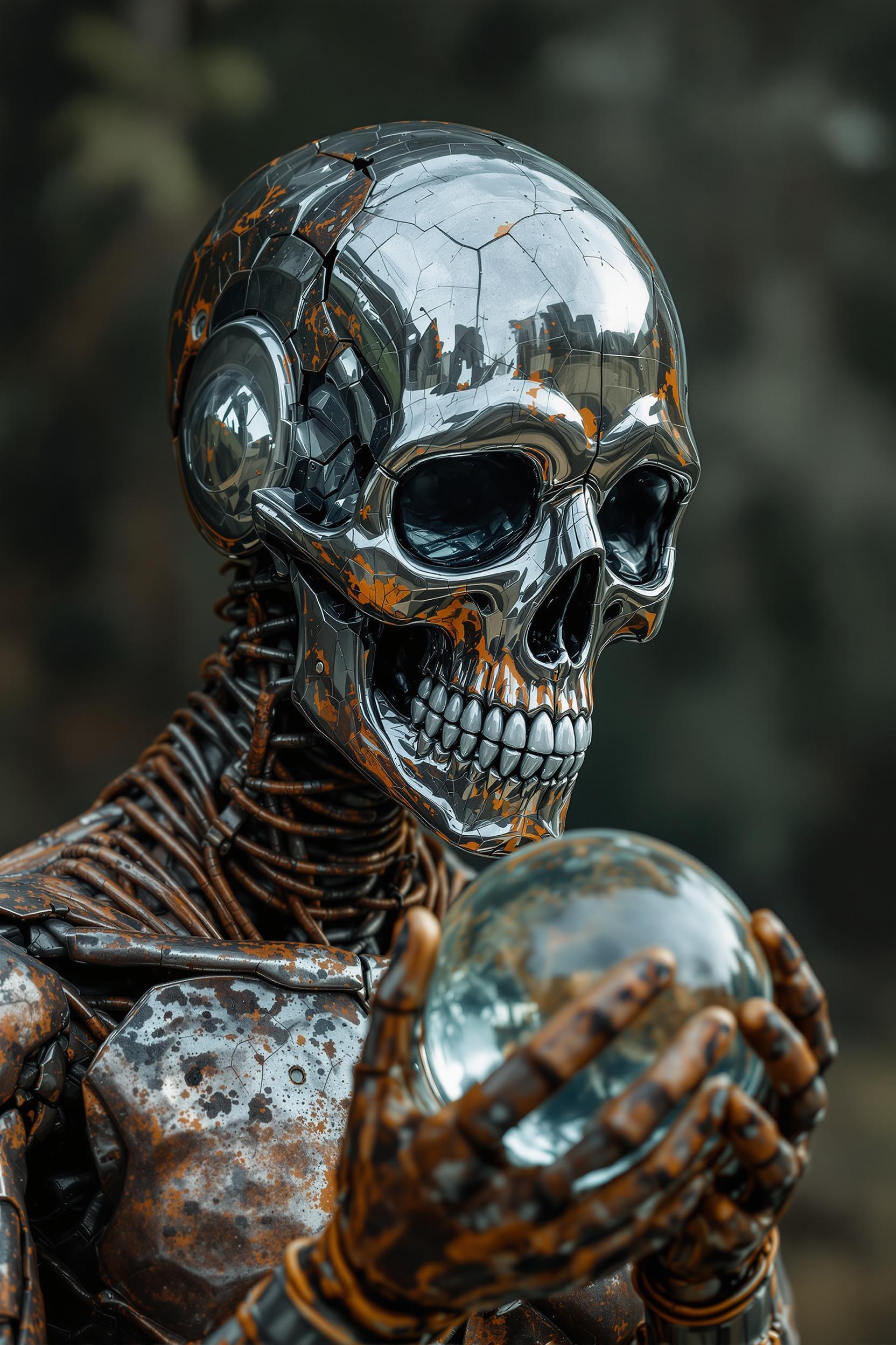 Humanoid figure - its Metal, heavily corroded body full of scratches and cracks resembles rusty iron. Head covered with perfectly matched, shiny glass structure - perfectly reflecting the shape of the shiny skull, which precisely surrounds the skull, emphasizing its shape and creating the effect of freezing in time. figure holds a glass ball. surreal atmosphere. Ultraphotographic hd 8k. Ultra-detailed image.