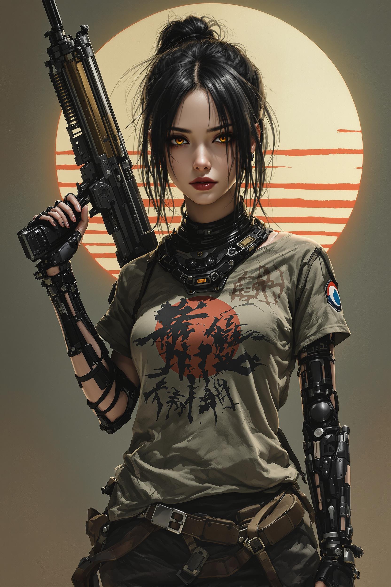 .oil paints - Post-apocalyptic future warrior with black, cybernetic arms, wearing a worn t-shirt with a Japanese symbol - khaki, holding an advanced weapon behind her back. In the background - symbol - rising pale Japanese sun, giving the scene a symbolic and warlike character, punk-futurism, the image refers to movie posters, ultra-detailed hd and 8k. - subtle Japanese addition