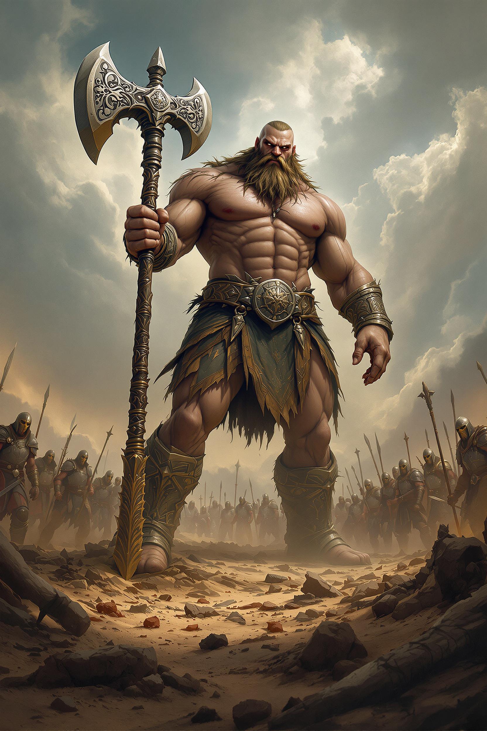 A towering barbarian giant, 50% taller than surrounding warriors, stands triumphantly on a battlefield covered in dust, fallen weapons, and debris. He rests his intricately carved warhammer on the ground, his muscular body glistening under dramatic clouds. His fierce, proud gaze reflects victory. Soldiers in the background, scattered remains, and epic lighting complete this detailed, oil-painted scene.fantasy word. Ultra-detailed 8k full hd. dynamic picture