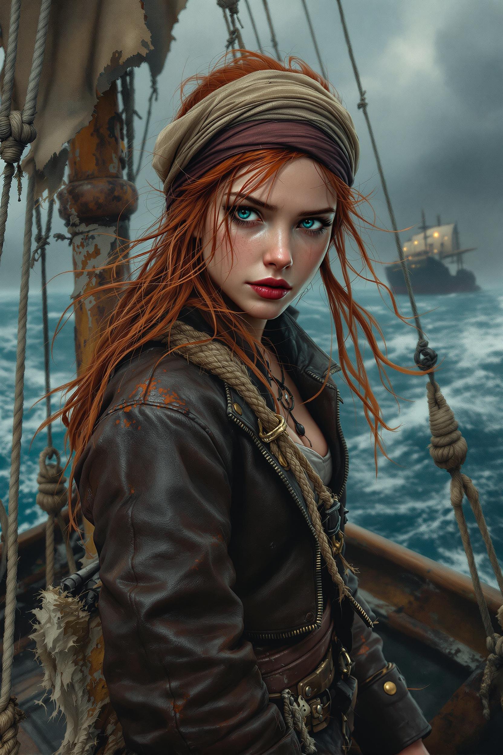 Dynamic portrait of a young pirate girl on the deck of a post-apocalyptic, dilapidated sailboat with torn ropes and a rusty rudder. The background is a stormy sea and a wreck in the distance. The heroine has windblown red hair, a cloth on her head and a gloomy, thoughtful face with an ultra-realistic skin texture. Her leather jacket shows signs of struggle and the passage of time. oil paint ultra-detailed 8k hd dark melancholy painting