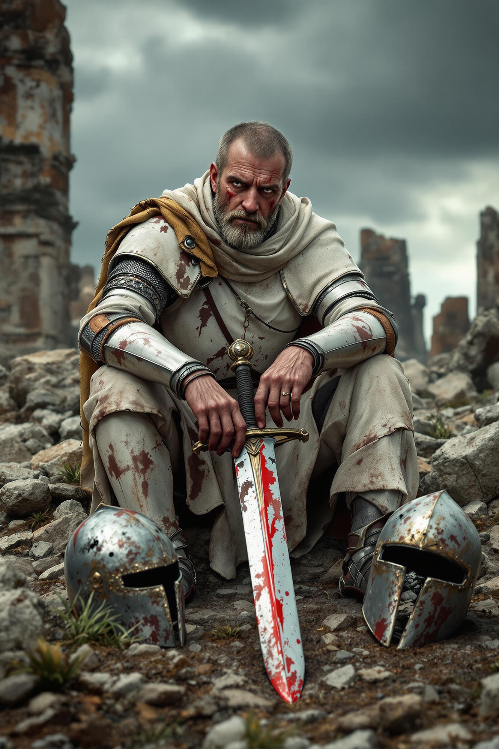 A tired, 40-year-old knight sits on rubble among ancient ruins under a stormy sky. He wears light, damaged white armor with rust patches and a tattered cloak draped over his shoulders. His hands, stained with red paint, rest on a sword embedded in the ground. Beside him lies a dented, battle-worn helmet with exposed metal. The scene is reflective, with nature subtly reclaiming the ruins-ultra-detailed.