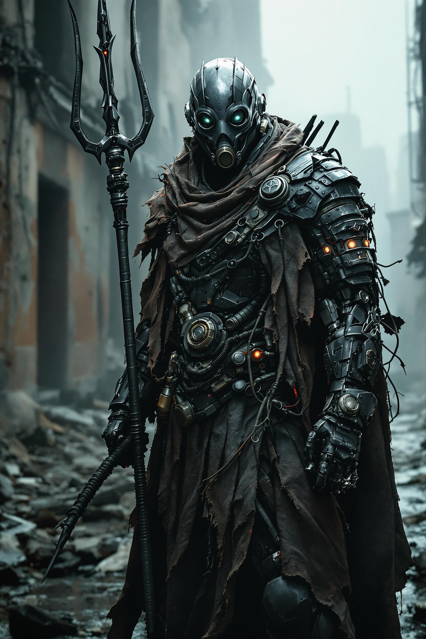Post-apocalyptic warrior in ultra-detailed, biomechanical armor, wearing a tattered, weathered cloak. His mask is metallic with air filters and glowing eyes, holding a trident weapon. Surrounding ruins of a devastated city, with crumbling walls and foggy, desolate streets. The scene is gritty, dark, and cinematic, emphasizing metallic textures, wires, and atmospheric dust in the air.