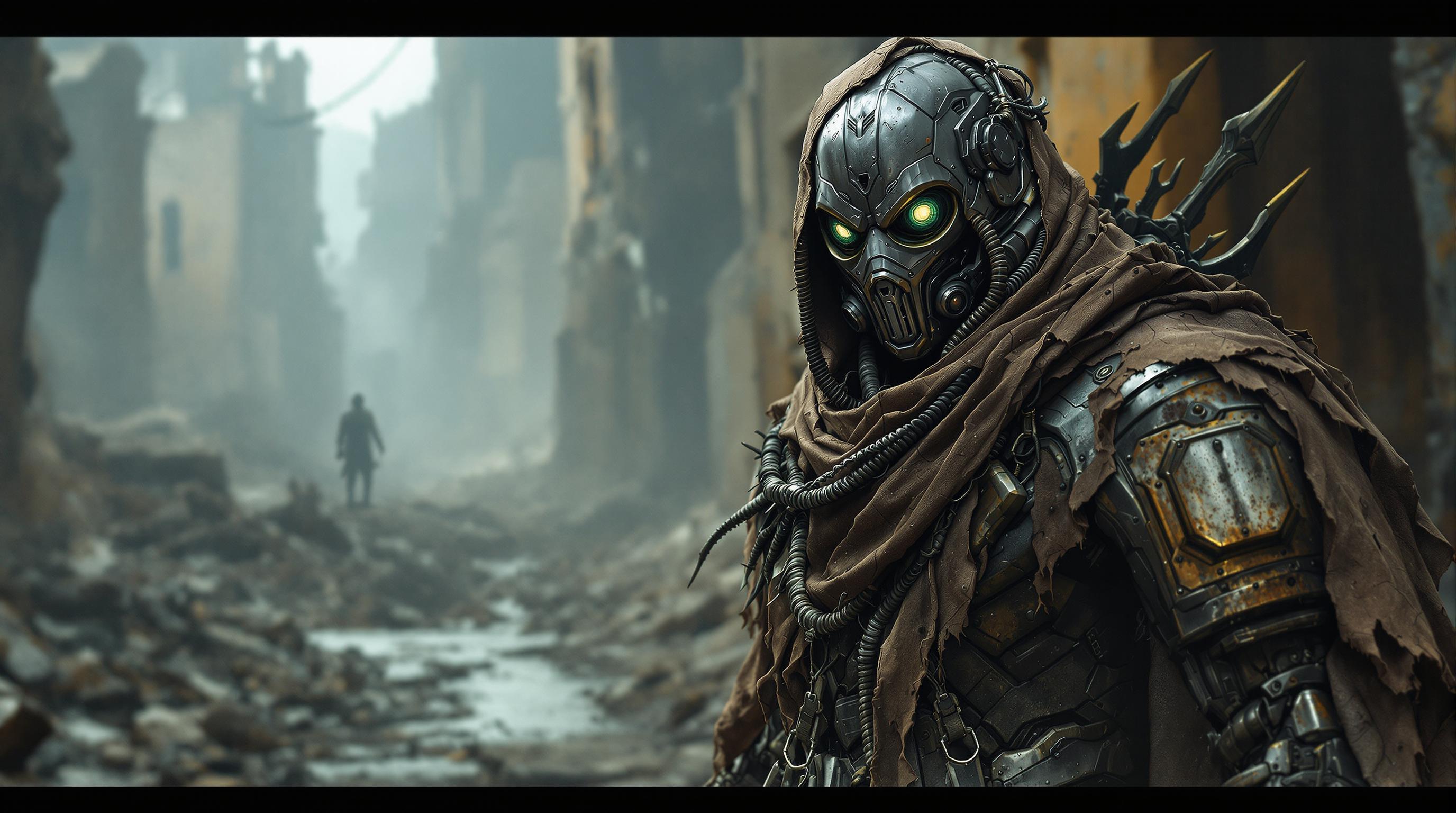 Post-apocalyptic warrior in ultra-detailed, biomechanical armor, wearing a tattered, weathered cloak. His mask is metallic with air filters and glowing eyes, holding a trident weapon. Surrounding ruins of a devastated city, with crumbling walls and foggy, desolate streets. The scene is gritty, dark, and cinematic, emphasizing metallic textures, wires, and atmospheric dust in the air.