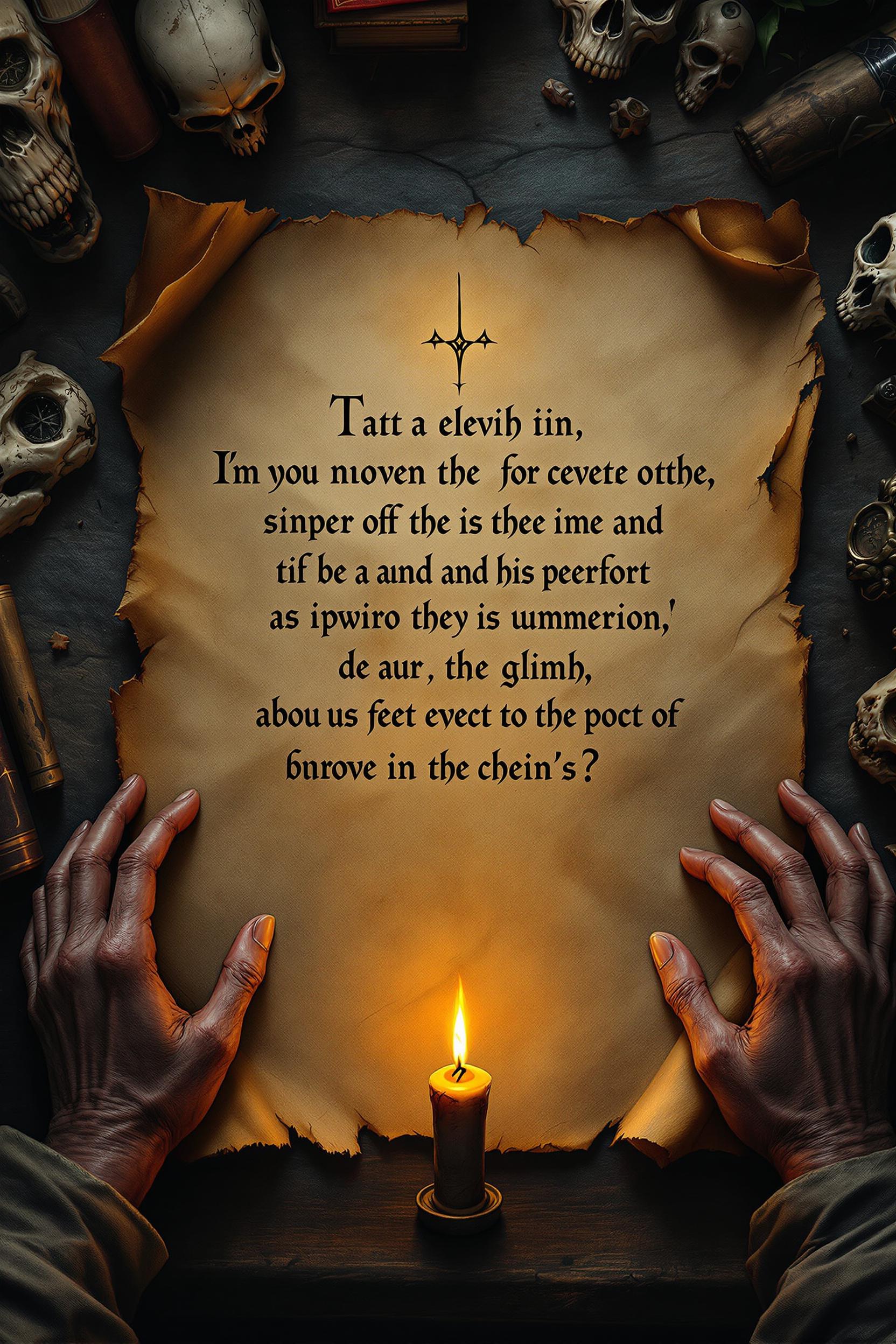 A top-down view of an ancient parchment, torn, burned, and rich in texture with visible creases, oily stains, and cracks. Veiny, aged hands with long fingers grip the parchment’s sides, as glowing Elvish letters appear under a hidden candle’s warm light beneath the center. The atmosphere is dark and mystical, featuring dusty books, skulls, and magical objects in a worn wizard’s workshop. Ultra-detailed hd, 8k. Dark picture.