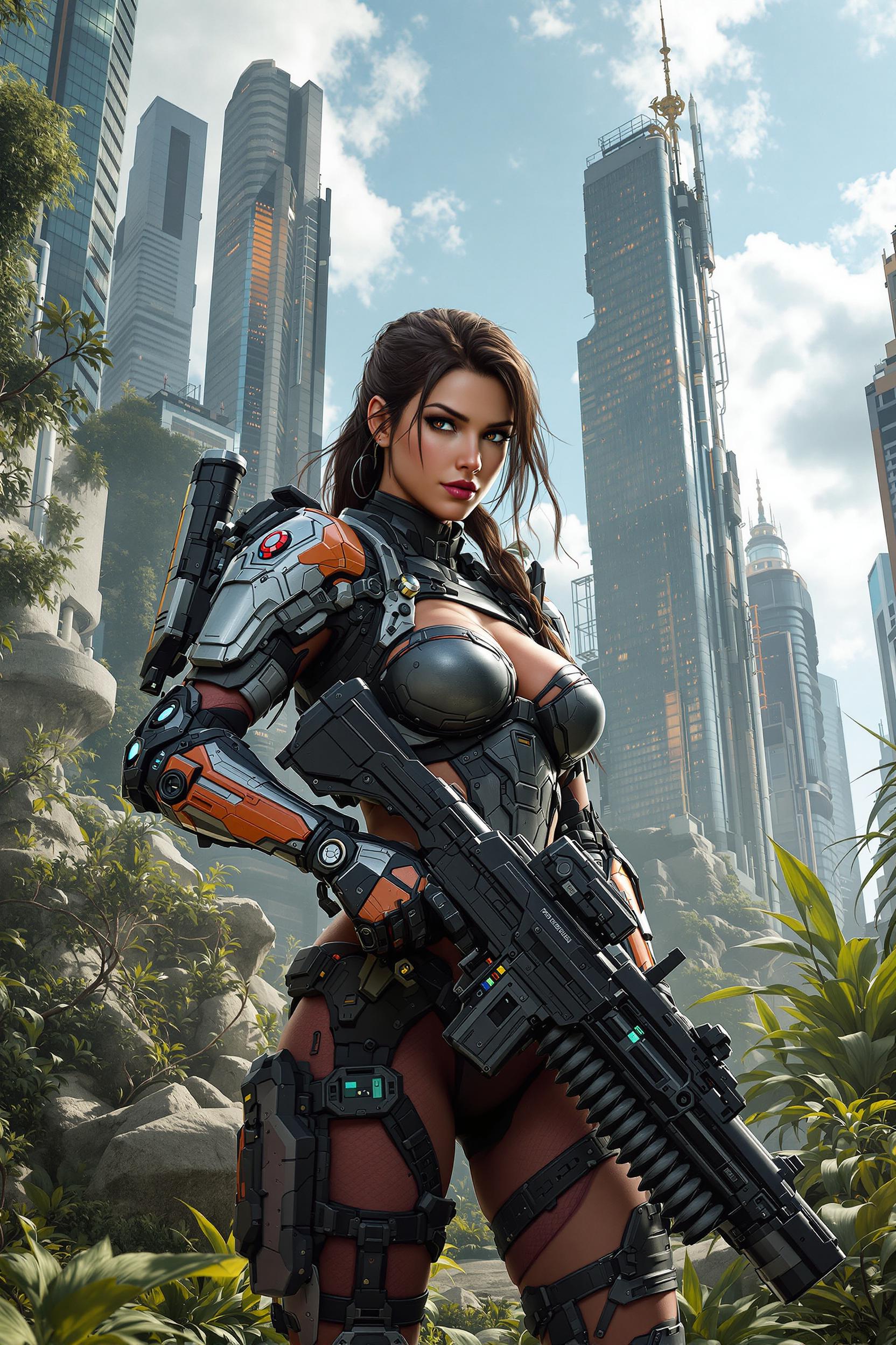 Prompt: Create a 3D render of a woman survivor featuring intricate details of her high-tech weaponry and armor in a post-apocalyptic city with skyscrapers, overgrown vegetation