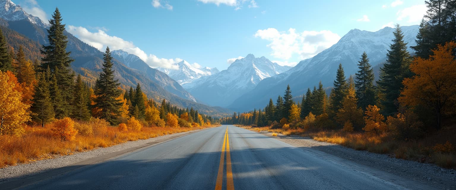 Here is a refined prompt for an AI image generation based on the given description:

**Subject:** A tranquil scene of a straight road through a mountainous region during autumn.

**Visual Elements:**
- **Road:** Paved with dark grey asphalt, marked with bright yellow lines dividing it into two lanes, devoid of vehicles or pedestrians.
- **Forests:** Lush, with coniferous trees like pines or firs; autumnal colors of yellows and oranges contrasting with deep greens. Foliage on the left side is more vibrant, indicating proximity, while the right side is more subdued, suggesting distance.
- **Mountains:** Majestic, with rugged and steep slopes, some covered in greenery, others in bare rock, with snow-capped peaks suggesting high altitude or late season.
- **Sky:** Clear blue with a few wispy clouds, enhancing the sense of vastness and openness. Very sunny, bright

**Lighting:**
- **Time of Day:** Early morning or late afternoon, characterized by long shadows and soft, warm light.

**Artistic Style:**
- **Style:** Realistic, capturing intricate details and textures with high fidelity.
- **Medium:** High-resolution photograph, ensuring clarity and sharpness.

**Composition:**
- **Layout:** The road stretches from the foreground into the distance, cutting through the landscape. The camera is positioned at ground level, with the road leading the eye toward the mountains.
- **Framing:** Wide-angle to capture the expansiveness of the scene, with the road as the central vanishing point.

**Mood and Atmosphere:**
- **Mood:** Serenity and isolation, conveyed by the absence of human elements and the natural beauty of the landscape.
- **Atmosphere:** Crisp, clear, and slightly chilly, typical of autumn in a high-altitude region.

**Technical Aspects:**
- **Depth of Field:** Deep, ensuring the entire scene from foreground to background is in sharp focus.
- **Color Palette:** Rich and vibrant, with warm yellows and oranges against cool blues and greens, creating visual harmony and balance.

**Cohesion:** All elements combine to depict a harmonious, isolated autumn scene in a mountainous landscape, where the road serves as a narrative element leading the viewer's eye through the environment.