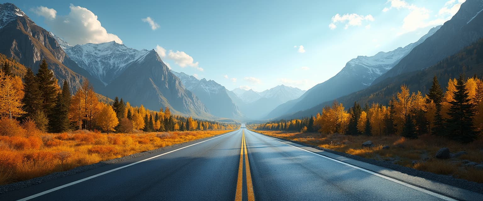 Here is a refined prompt for an AI image generation based on the given description:

**Subject:** A tranquil scene of a straight road through a mountainous region during autumn.

**Visual Elements:**
- **Road:** Paved with dark grey asphalt, marked with bright yellow lines dividing it into two lanes, devoid of vehicles or pedestrians.
- **Forests:** Lush, with coniferous trees like pines or firs; autumnal colors of yellows and oranges contrasting with deep greens. Foliage on the left side is more vibrant, indicating proximity, while the right side is more subdued, suggesting distance.
- **Mountains:** Majestic, with rugged and steep slopes, some covered in greenery, others in bare rock, with snow-capped peaks suggesting high altitude or late season.
- **Sky:** Clear blue with a few wispy clouds, enhancing the sense of vastness and openness. Very sunny, bright

**Lighting:**
- **Time of Day:** Early morning or late afternoon, characterized by long shadows and soft, warm light.

**Artistic Style:**
- **Style:** Realistic, capturing intricate details and textures with high fidelity.
- **Medium:** High-resolution photograph, ensuring clarity and sharpness.

**Composition:**
- **Layout:** The road stretches from the foreground into the distance, cutting through the landscape. The camera is positioned at ground level, with the road leading the eye toward the mountains.
- **Framing:** Wide-angle to capture the expansiveness of the scene, with the road as the central vanishing point.

**Mood and Atmosphere:**
- **Mood:** Serenity and isolation, conveyed by the absence of human elements and the natural beauty of the landscape.
- **Atmosphere:** Crisp, clear, and slightly chilly, typical of autumn in a high-altitude region.

**Technical Aspects:**
- **Depth of Field:** Deep, ensuring the entire scene from foreground to background is in sharp focus.
- **Color Palette:** Rich and vibrant, with warm yellows and oranges against cool blues and greens, creating visual harmony and balance.

**Cohesion:** All elements combine to depict a harmonious, isolated autumn scene in a mountainous landscape, where the road serves as a narrative element leading the viewer's eye through the environment.