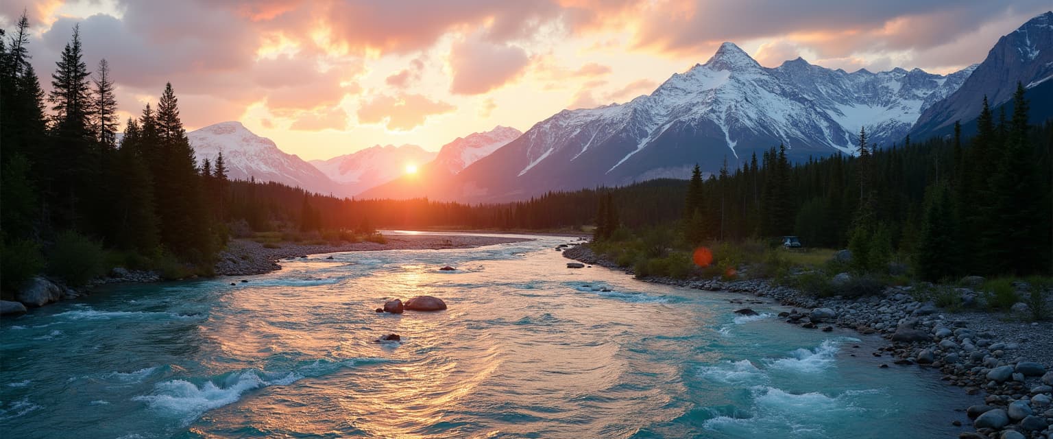A breathtaking landscape of Alberta's rivers winding through the majestic Rocky Mountains at sunset. The image captures the serene beauty of nature with lush pine forests lining the riverbanks and snowy mountain peaks in the background. The river's crystal-clear waters reflect the warm hues of the setting sun, casting a golden glow across the scene. The sky is painted with shades of pink, orange, and purple as the sun dips below the horizon. The composition positions the flowing river in the foreground, leading the eye towards the towering Rockies in the distance. Soft, diffused lighting adds a peaceful and tranquil atmosphere, while gentle ripples in the water create a sense of movement. The overall mood is one of awe and serenity, evoking the timeless beauty of nature in the heart of the Rockies. **Photography**, **ultra-realistic**, **wide-angle lens**, **golden hour lighting**, **natural landscape**, **serene**.