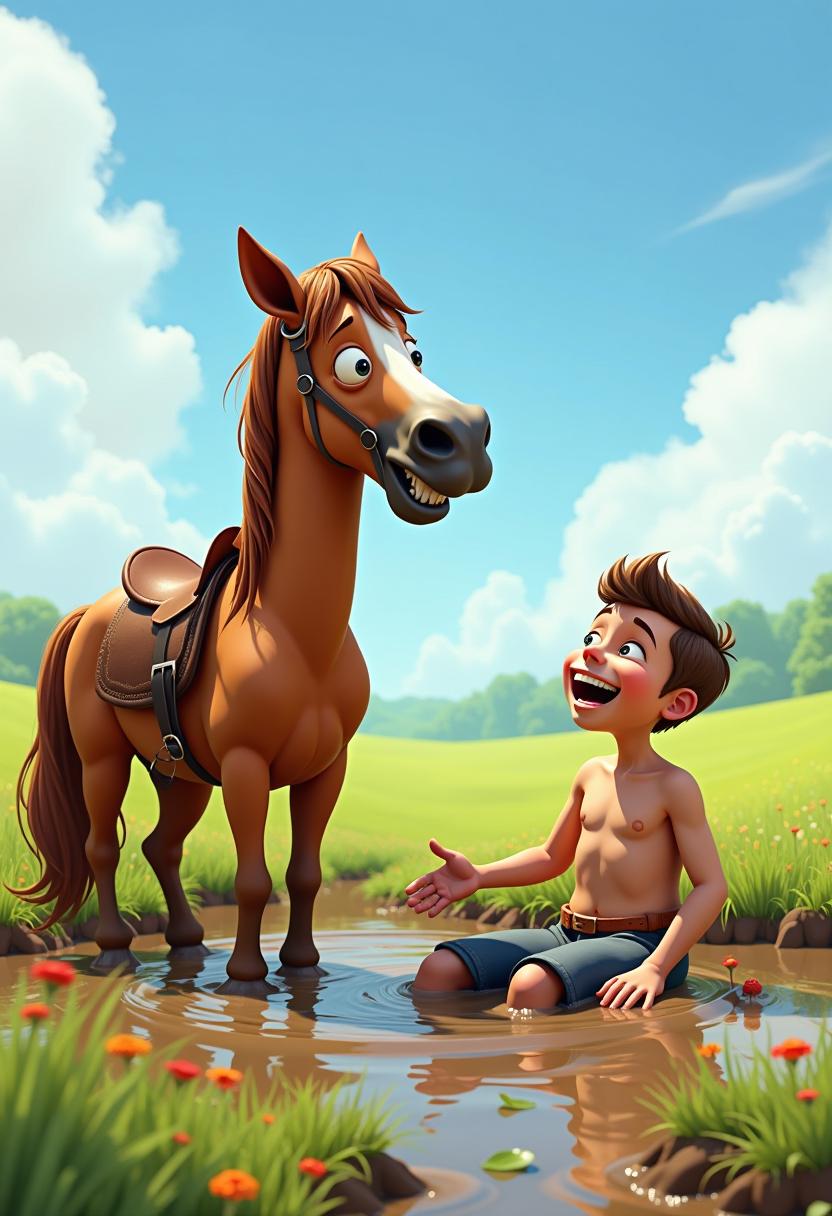 
A whimsical digital photo pixar by Quentin Blake of a pixar 3d horse with a light brown coat and saddle, laughing with comical expression at a scruffy, frowning rider who sits in a large muddy puddle, fully covered in mud. Set in a serene countryside under a bright blue sky, with a sprawling green meadow. Caricature, modern abstract featuring loose, unstructured, soft brush strokes, adding to the overall fun and frivolity.


