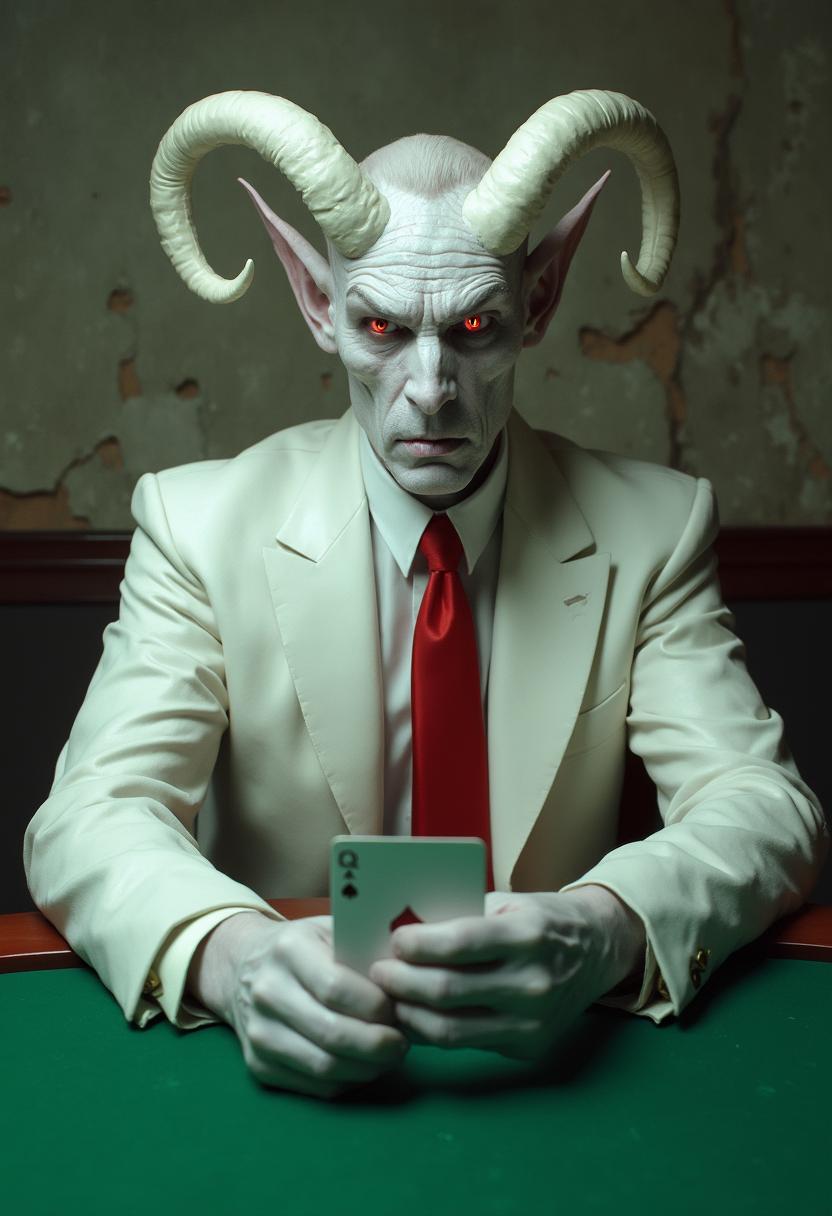 A devil with pale, white skin, with human but terrifying facial features, ultra-photographic with accurate skin texture. He has white, curled horns, glowing eyes and a short haircut. He is dressed in a white, shiny, 1920s-style suit with a red tie. He sits at a green poker table, holding two cards and looking directly into the camera. The background is an old, gray wall with peeling plaster and visible cracks.