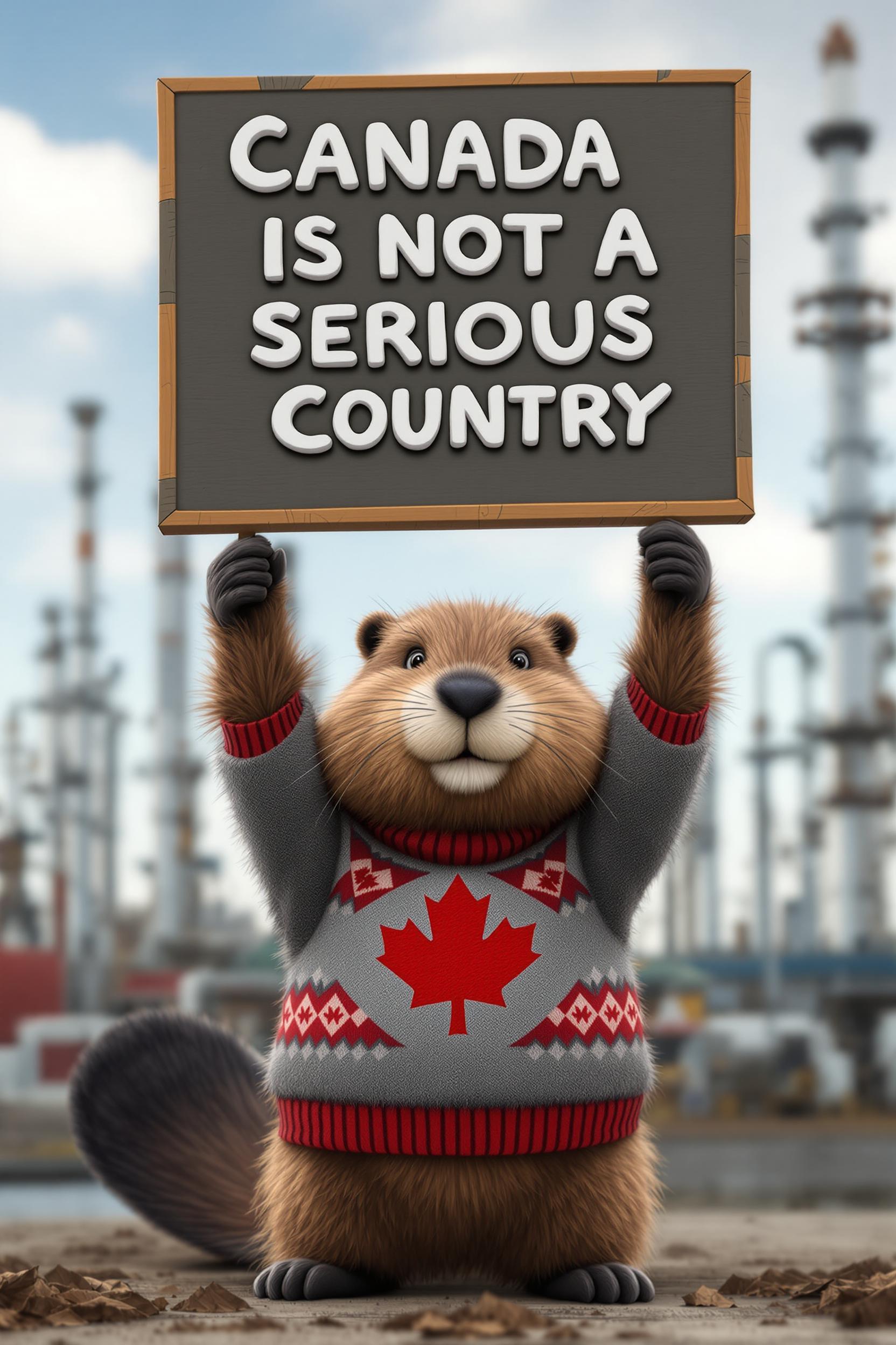 Create a image of a cute furry beaver wearing a sweater with a maple leaf, he is holding a sign above his head that reads "CANADA IS NOT A SERIOUS COUNTRY" 3d white lettering, background a oil refinery