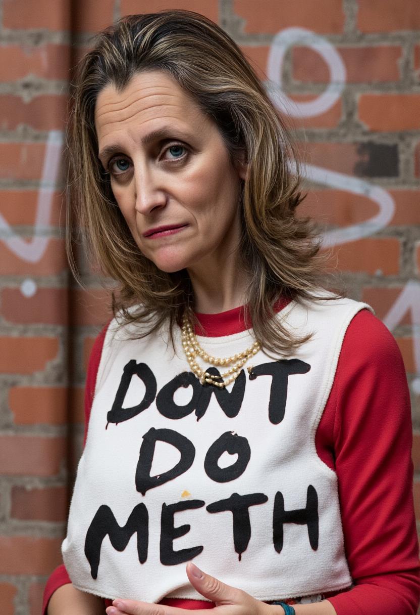 photo of FLAND, a women FLAND is looking at the viewer, rotten dirty bad teeth, FLAND has been doing drugs, has messy hair, ripped t-shirt, homeless looking, dirty, holding a sign that reads "DON'T DO METH" background brick wall with graffiti garbage