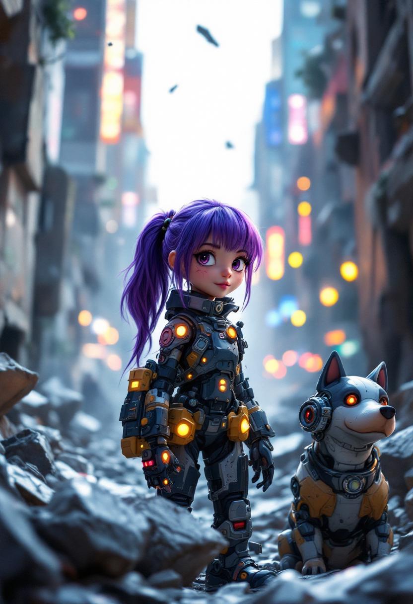 Whimsical Pixar-esque matte painting: A determined girl with purple hair in ponytail, in a sleek cyberpunk-styled sci-fi exoskeleton suit with scratched metal textures and neon accents, stands tall amidst a pile of broken walls with a bokeh, futuristic, destroyed city background. She's accompanied by a cybernetic, mechanical dog. The scene is captured from dynamic angle with dramatic lighting, intricate details and a blend of sharp and blurred elements.