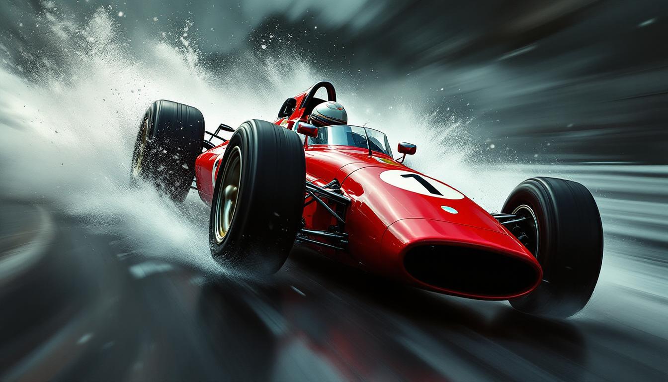 Hyper-realistic matte painting: A red race car, blurred tires, historical illustration, monochromatic, in the style of Sam Spratt, Genndy Tartakovsky, Soggy, Masaccio. Dynamic angle, hard focus and motion blur effect.