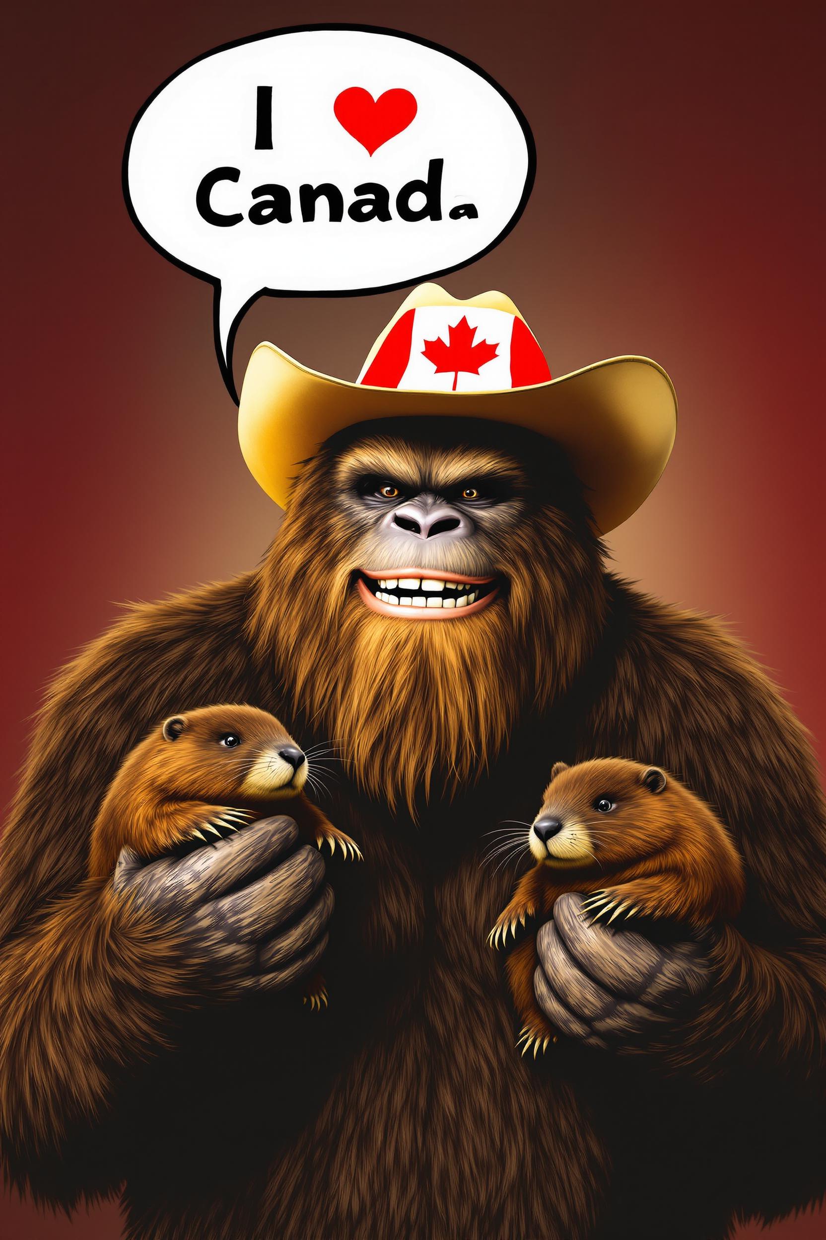 Smiling realistic photo of bigfoot holding 2 beavers and a speech bubble reading "I love Canada" while wearing a cowboy hat with a Canadian flag on the hat