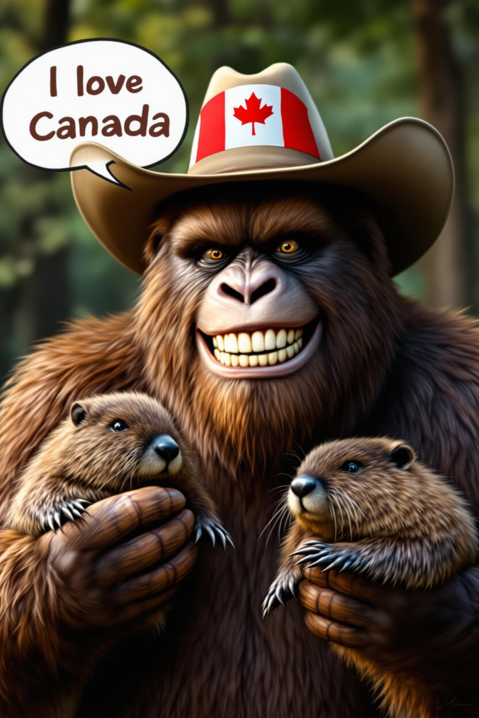 Smiling realistic photo of bigfoot holding 2 beavers and a speech bubble reading "I love Canada" while wearing a cowboy hat with a Canadian flag on the hat