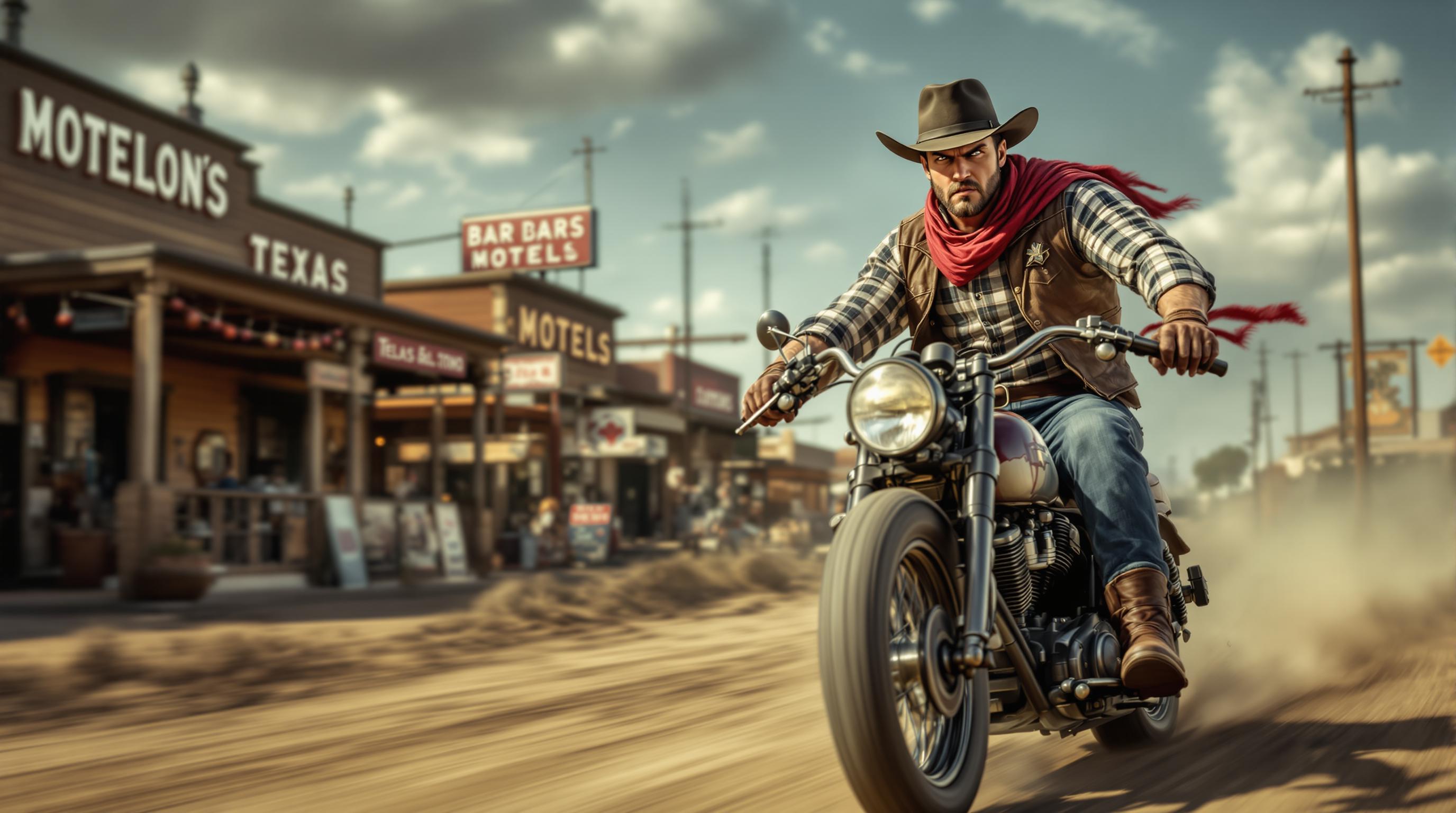 very realistic side view photo of a young cowboy in his 27s wearing a flannel shirt, leather vest, worn jeans, red scarf around his neck, boots and cowboy hat, riding a 1936 knucklehead motorcycle speeding towards the camera on a dirt road, stern face with an angry expression staring at the camera, bars, saloons and motels of a texas town in the 1800s, hdr+