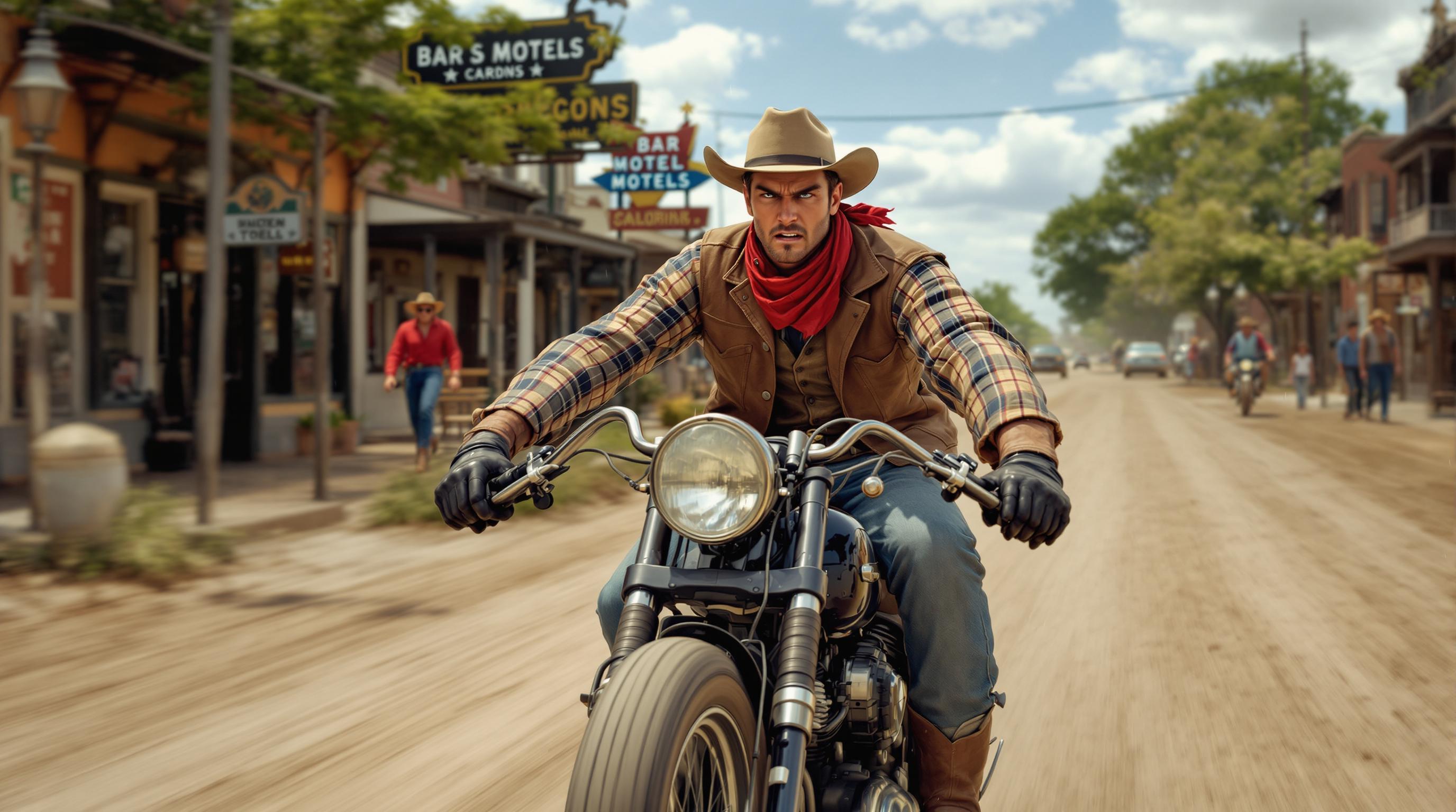 very realistic side view photo of a young cowboy in his 27s wearing a flannel shirt, leather vest, worn jeans, red scarf around his neck, boots and cowboy hat, riding a 1936 knucklehead motorcycle speeding towards the camera on a dirt road, stern face with an angry expression staring at the camera, bars, saloons and motels of a texas town in the 1800s, hdr+