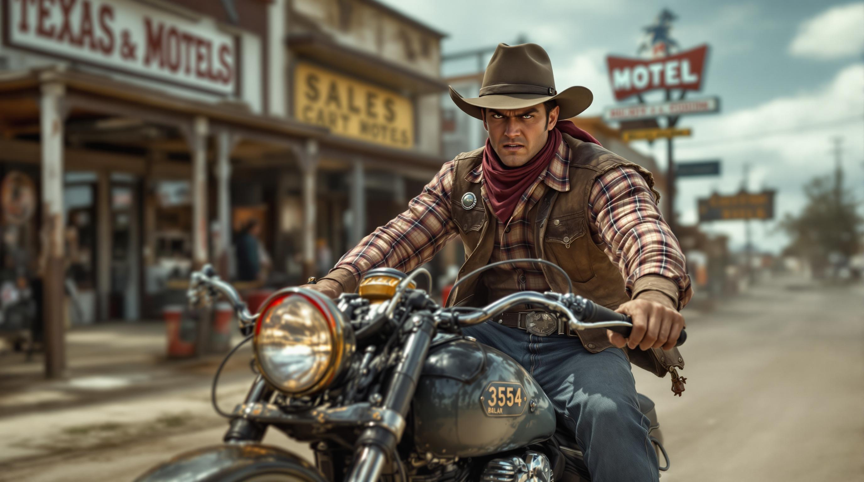 very realistic side view photo of a young cowboy in his 27s wearing a flannel shirt, leather vest, worn jeans, red scarf around his neck, boots and cowboy hat, riding a 1936 knucklehead motorcycle speeding towards the camera on a dirt road, stern face with an angry expression staring at the camera, bars, saloons and motels of a texas town in the 1800s, hdr+