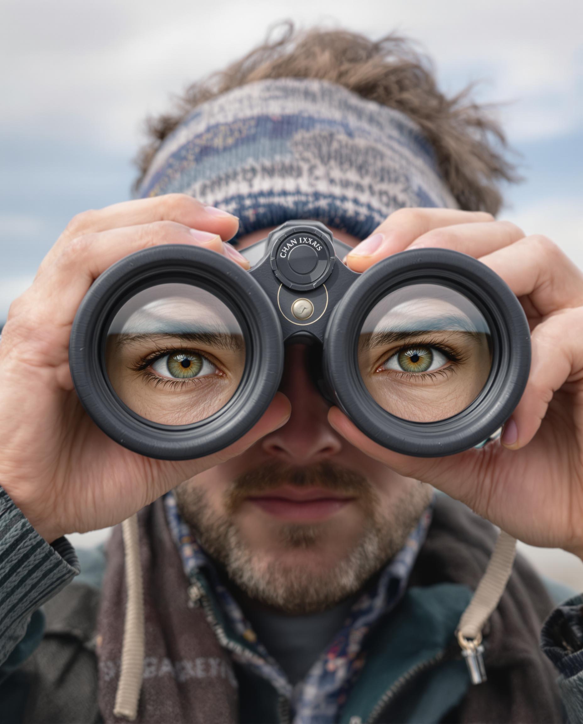 closeup of a person is looking through a binoculars while the photo show is enlarged eyes, right through the over side of the binocular.