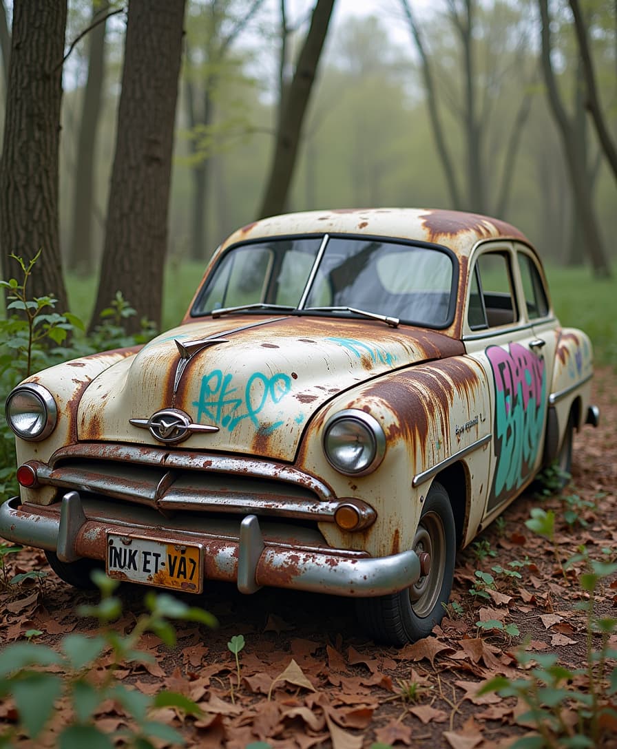 old rusty car covered with graffity